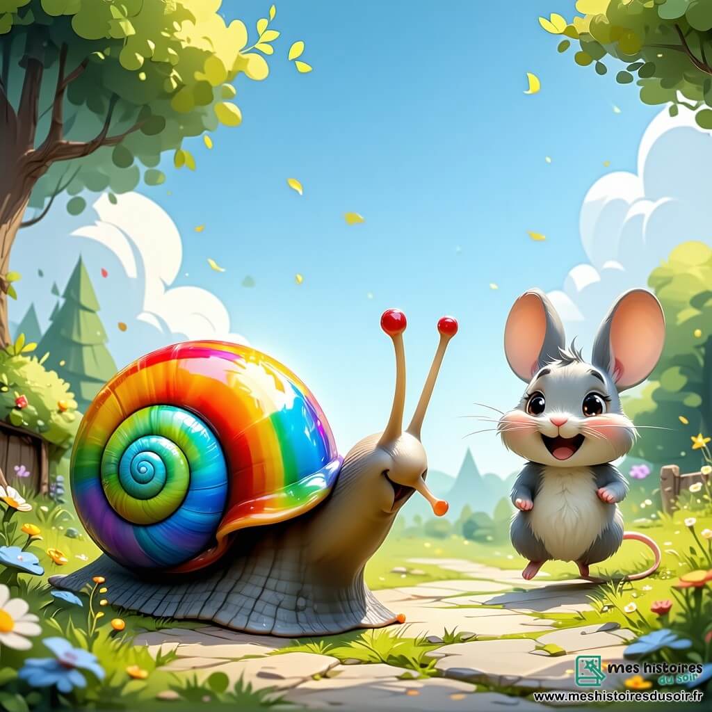 Un escargot joyeux, Lilo l'Escargot Arc-en-ciel, avec une coquille brillante aux couleurs vives, glisse lentement sur un chemin ensoleillé, affichant un grand sourire. À côté de lui, Zoé la Souris, petite et grise, saute en arrière, riant aux éclats. Gaspard le Lapin, avec son pelage blanc et ses longues oreilles, bondit joyeusement, tout en essayant de garder son équilibre. La scène se déroule dans une forêt enchantée, où des arbres majestueux et des fleurs colorées bordent le chemin. Les trois amis participent à une course amusante, marchant à reculons, riant et s'amusant ensemble, créant une atmosphère joyeuse.