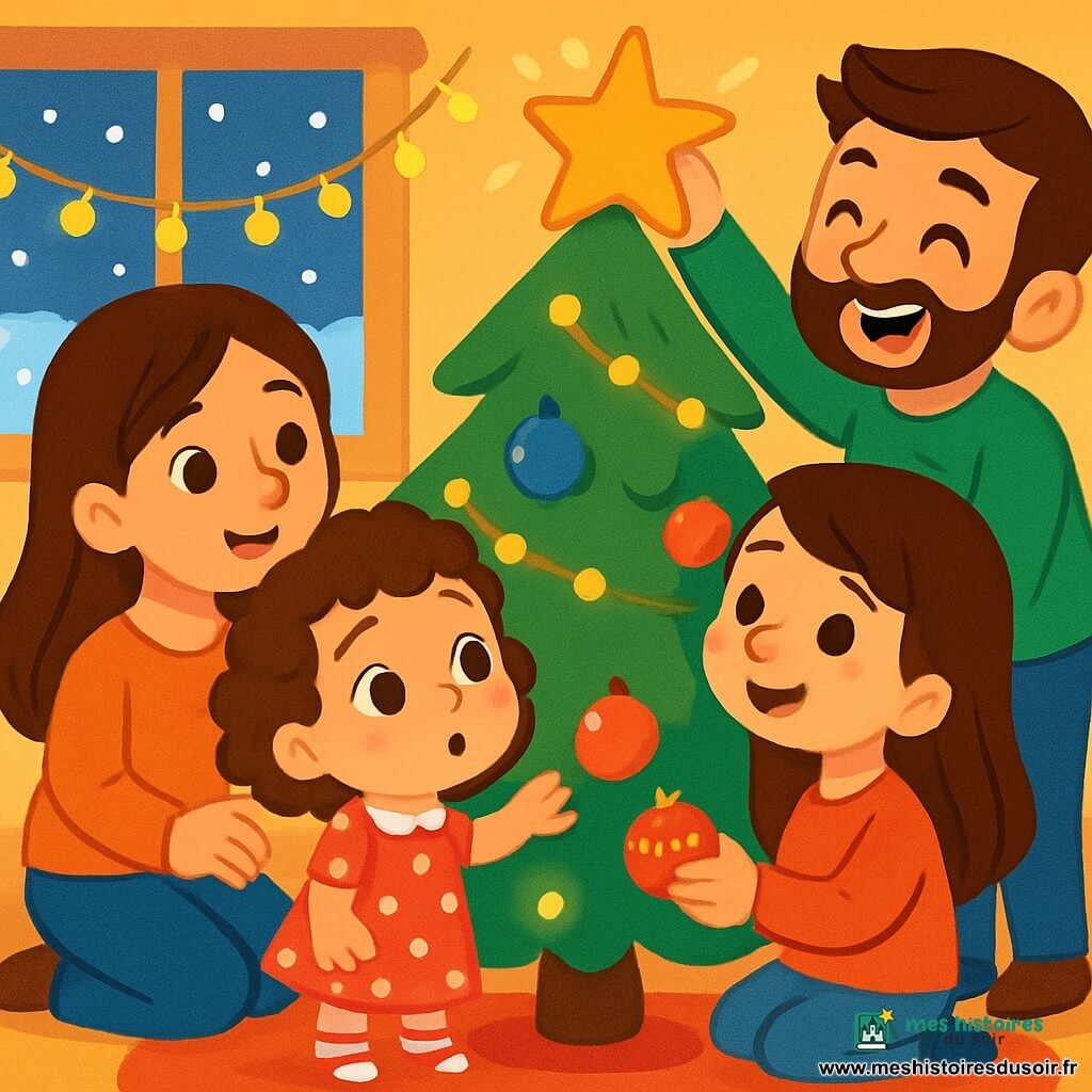 Une petite fille de 2 ans, Lila, avec de grands yeux ronds et des cheveux bouclés, sourit en décorant un sapin de Noël. Elle porte une robe rouge à pois blancs et des chaussettes rayées. Sa maman, une femme douce d’environ 30 ans aux cheveux bruns, l’encourage avec un sourire chaleureux, tenant une boule de Noël brillante. Son papa joyeux, d’environ 35 ans avec une barbe légère et un pull vert, rit en accrochant une étoile dorée en haut du sapin. La scène se déroule dans un salon douillet, illuminé par des guirlandes scintillantes, avec un sapin majestueux décoré de boules colorées et de lumières clignotantes. Lila souffle doucement pour ajuster l’étoile, créant une atmosphère festive et chaleureuse.