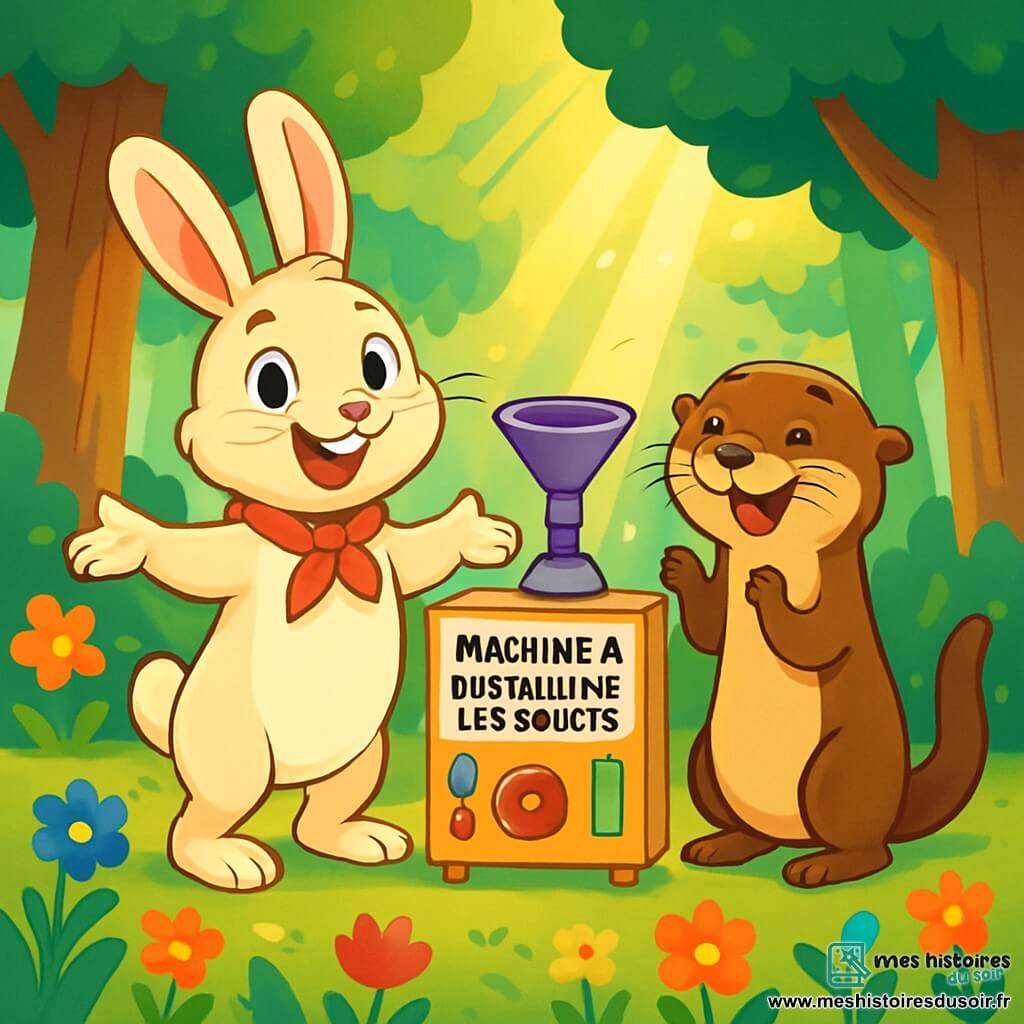 Un lapin nommé Gustave, au pelage crème et portant un foulard rouge, se tient debout sur ses pattes arrière, prêt à présenter sa machine à faire disparaître les soucis. À ses côtés, Lucette la Loutre, avec son pelage brun et ses yeux malicieux, applaudit joyeusement. En arrière-plan, la clairière ensoleillée de la forêt de Chanterêve est remplie de fleurs colorées et d'arbres, tandis que des animaux rassemblés autour de Gustave créent une atmosphère festive, impatients de découvrir la magie de sa machine.