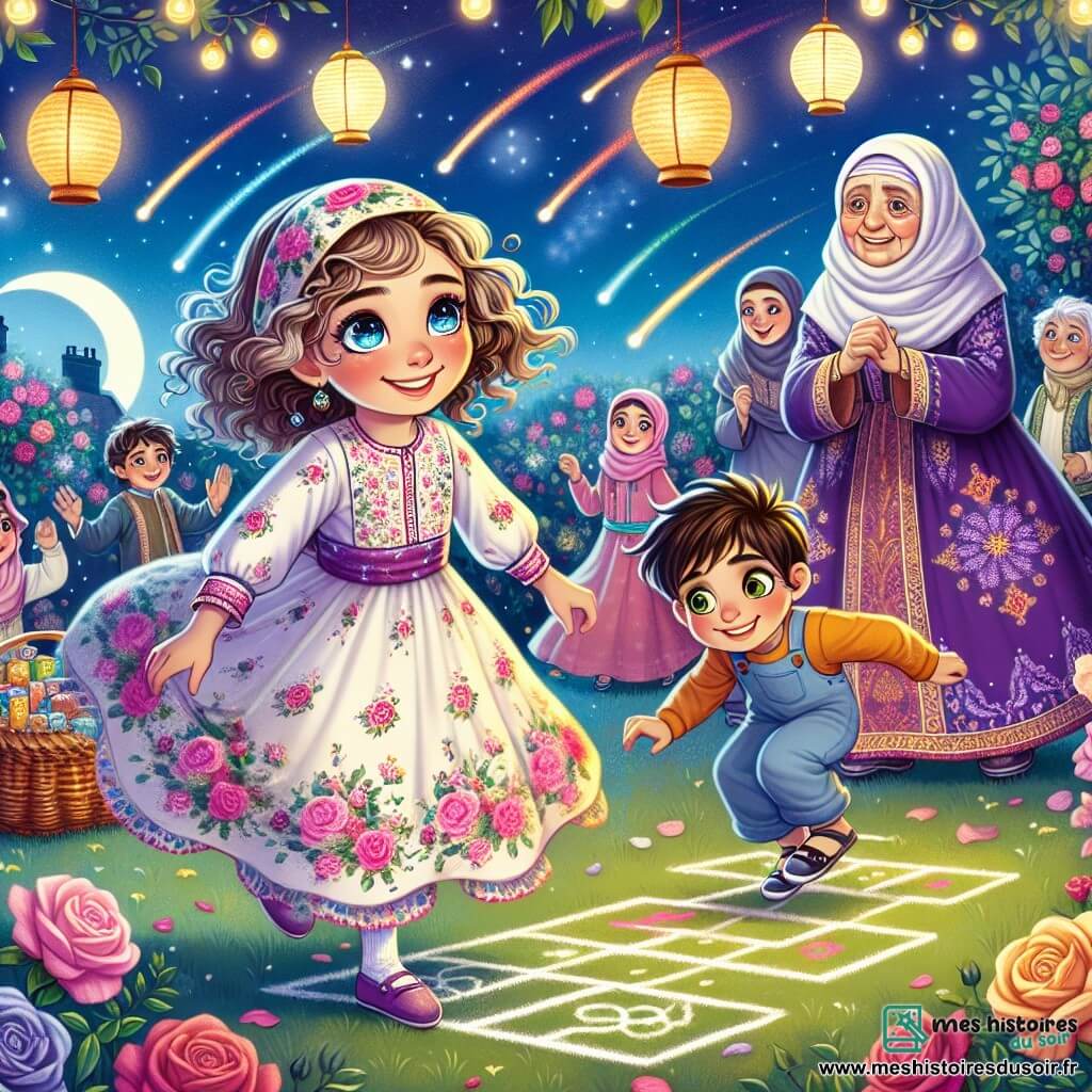 Zohra, une fille de 12 ans aux cheveux bruns bouclés et aux yeux curieux, sourit au centre de l'image. Elle porte une robe légère à motifs floraux et ses joues sont rosies d'excitation. À ses côtés, son petit frère Yacine, 9 ans, avec des cheveux courts et un regard espiègle, s'apprête à sauter sur une marelle colorée. En arrière-plan, Madame Kamoun, une vieille dame aux cheveux argentés et au manteau violet brodé, observe la scène avec bienveillance, tenant un panier d'osier rempli de douceurs. Le jardin enchanteur est baigné par la lumière de la lune, avec des rosiers en fleurs et des lanternes en papier flottant, créant une ambiance magique. Zohra et Yacine rient et jouent ensemble, entourés de voisins joyeux, tandis que des étoiles filantes traversent le ciel, ajoutant une touche de féerie à cette nuit de Ramadan inoubliable.
