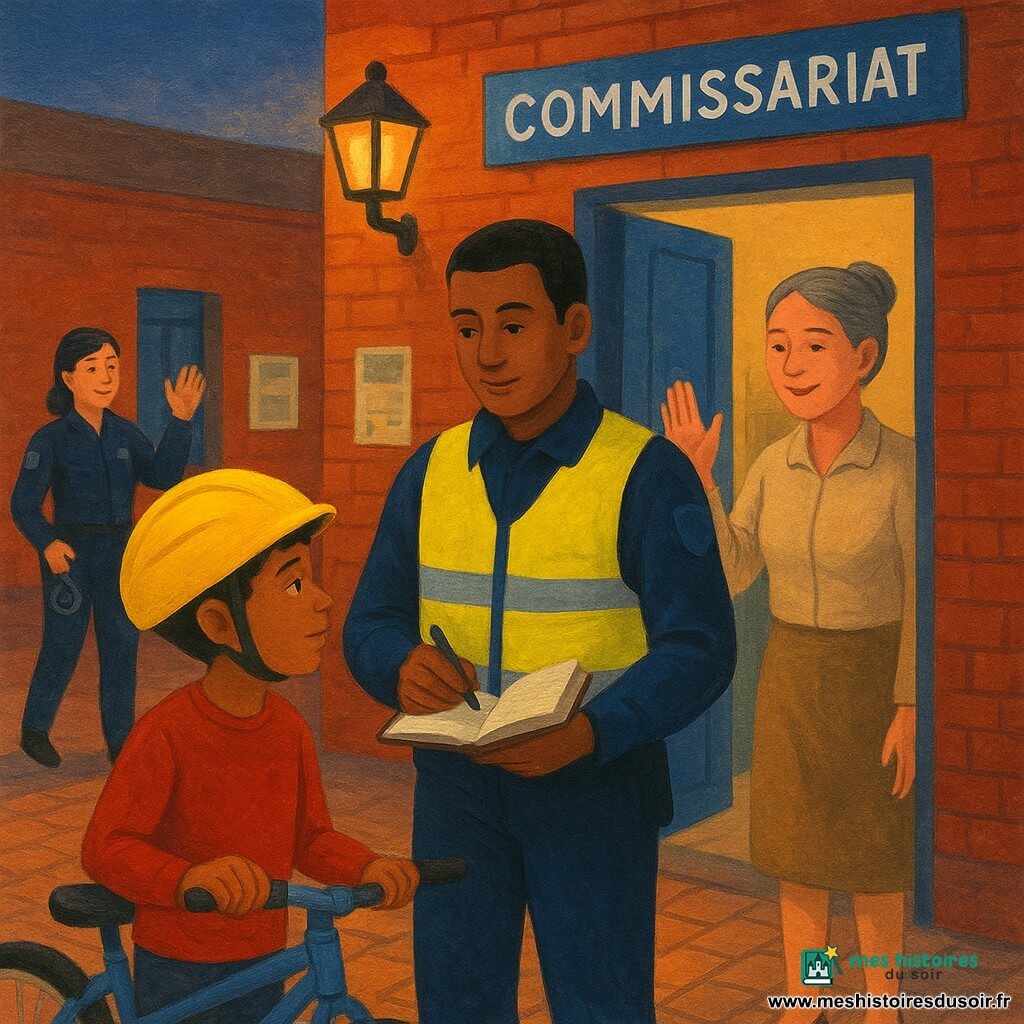 Malik, policier calme à la peau café au lait et visage doux, veste bleu marine et gilet réfléchissant, tient un carnet et un stylo devant le commissariat; à sa droite, l’adjudante Lemaire, cheveux gris en chignon, blouse beige, sourit et lui fait signe depuis la porte; à gauche, au fond du hall, l’agente Sofia, peau claire, en veste de police, salue en tenant une lampe torche; un garçon d’environ 12 ans, casque jaune trop grand et vélo bleu sur le trottoir à quelques pas, regarde Malik en tenant une bande réfléchissante; décor : cour pavée du commissariat au crépuscule, lampadaires au halo jaune, murs en briques rouges, affiches et casiers visibles par la porte ouverte; ambiance calme et rassurante de début de patrouille, couleurs chaudes, textures façon gouache et contours doux légèrement flous.