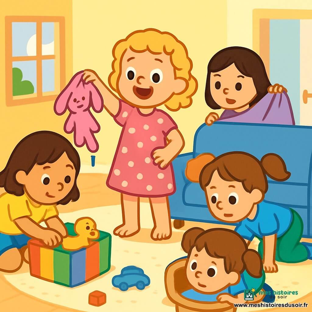 Quatre enfants sont présents : Zoé, 6 ans, cheveux bouclés et blonds, en robe rose à pois blancs, souriante au centre avec son doudou mouillé ; Lila, 5 ans, cheveux lisses et bruns, en t-shirt jaune et short en jean, accroupie à gauche fouillant une boîte à jouets ; Mia, 6 ans, cheveux châtains en couettes, en t-shirt bleu et pantalon vert, à droite regardant sous le canapé ; Jade, 5 ans, cheveux raides et noirs, en robe violette, derrière un coussin levant une couverture. La scène se déroule dans un salon lumineux avec un tapis moelleux, des jouets éparpillés et des murs jaunes. Les enfants enquêtent pour retrouver le doudou de Zoé, qui flotte dans une bassine près de la porte de la salle de bain, chacun ayant une expression de surprise et d’amusement.