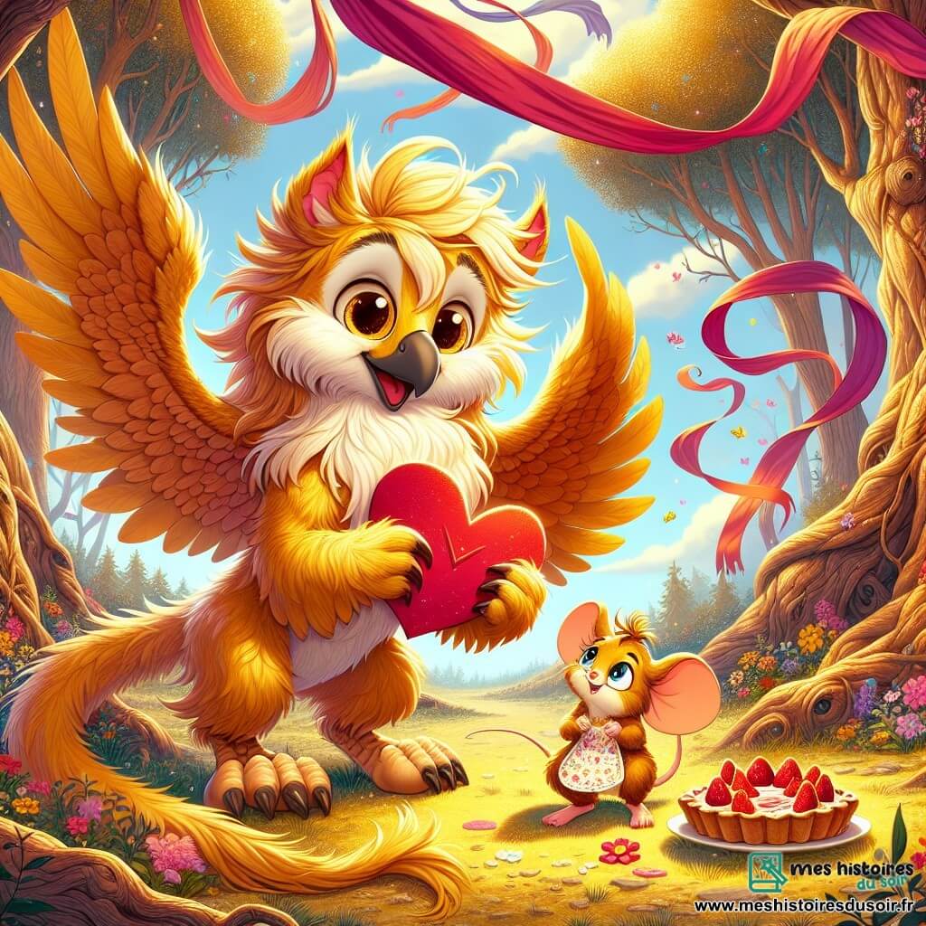 Plumis, un griffillon aux plumes dorées, se tient joyeusement au centre de la clairière avec un grand sourire et des yeux pétillants. Il tient une lettre rouge en forme de cœur, prêt à la remettre à son amie. À côté, Grignotte, une petite souris aux grandes oreilles et à la fourrure caramel, regarde la lettre avec surprise et un sourire timide, tenant une tartelette à la fraise. En arrière-plan, la clairière est baignée de lumière dorée, entourée de grands arbres et de fleurs colorées, avec des rubans de soie flottant dans les branches. Plumis est prêt à révéler le secret de la lettre de la Saint-Valentin à Grignotte, créant une atmosphère chaleureuse et joyeuse.