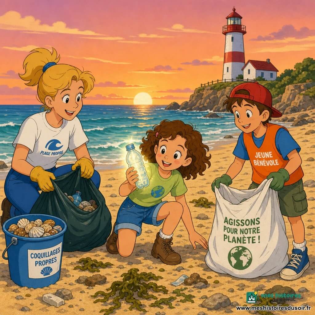 Fille de 10 ans joyeuse ramassant une bouteille en plastique lumineuse sur une plage au sable doré, cheveux bruns bouclés, t-shirt vert clair; garçon d’environ 11 ans, casquette rouge et gilet de bénévole orange, tient un sac de collecte à sa droite en souriant; femme d’environ 35 ans, cheveux blonds attachés et gants, remplit un sac poubelle à gauche près d’un seau de coquillages propres; décor : algues vertes, quelques rochers lisses, vagues bleu‑vert calmes et phare blanc et rouge au loin sous un ciel pastel au coucher du soleil; scène optimiste de nettoyage de plage, illustration 2D colorée style années 90.
