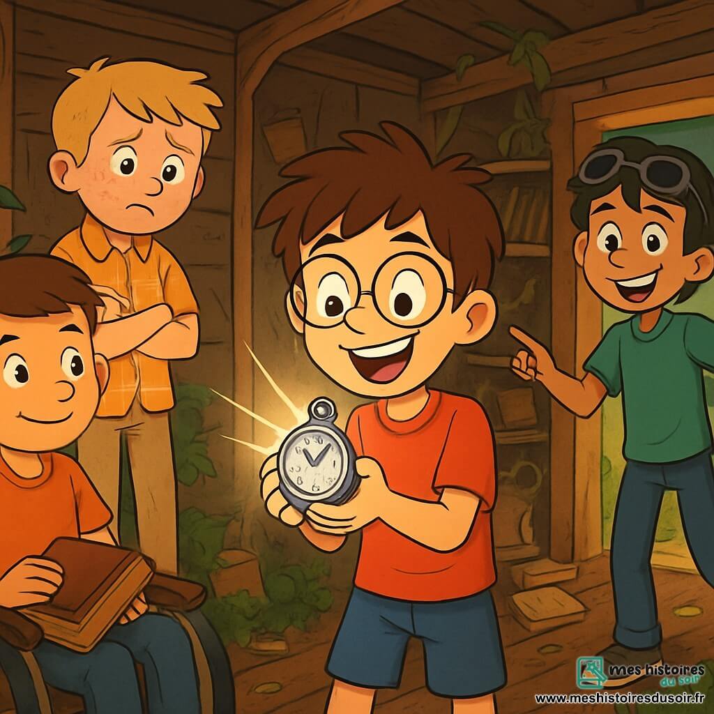 Quatre enfants sont réunis : Max, 10 ans, cheveux bruns en bataille et lunettes rondes, porte un t-shirt rouge et un short bleu, tenant une montre métallique brillante avec des yeux écarquillés d'excitation. Hugo, 10 ans, cheveux blonds et taches de rousseur, est en retrait avec une chemise à carreaux et un pantalon beige, affichant une expression hésitante. Lucas, 10 ans, cheveux noirs et lunettes de soleil sur le front, porte un t-shirt vert et un jean, souriant et pointant vers la cabane. Simon, 10 ans, cheveux châtains, en fauteuil roulant à gauche de Max, tient un livre ancien, regardant curieusement la scène. Ils se trouvent devant une vieille cabane en bois entourée de ronces, avec des objets anciens à l'intérieur et un rayon de lumière illuminant la montre de Max. Ils découvrent la montre mystérieuse avec surprise et excitation, prêts pour une aventure incroyable.
