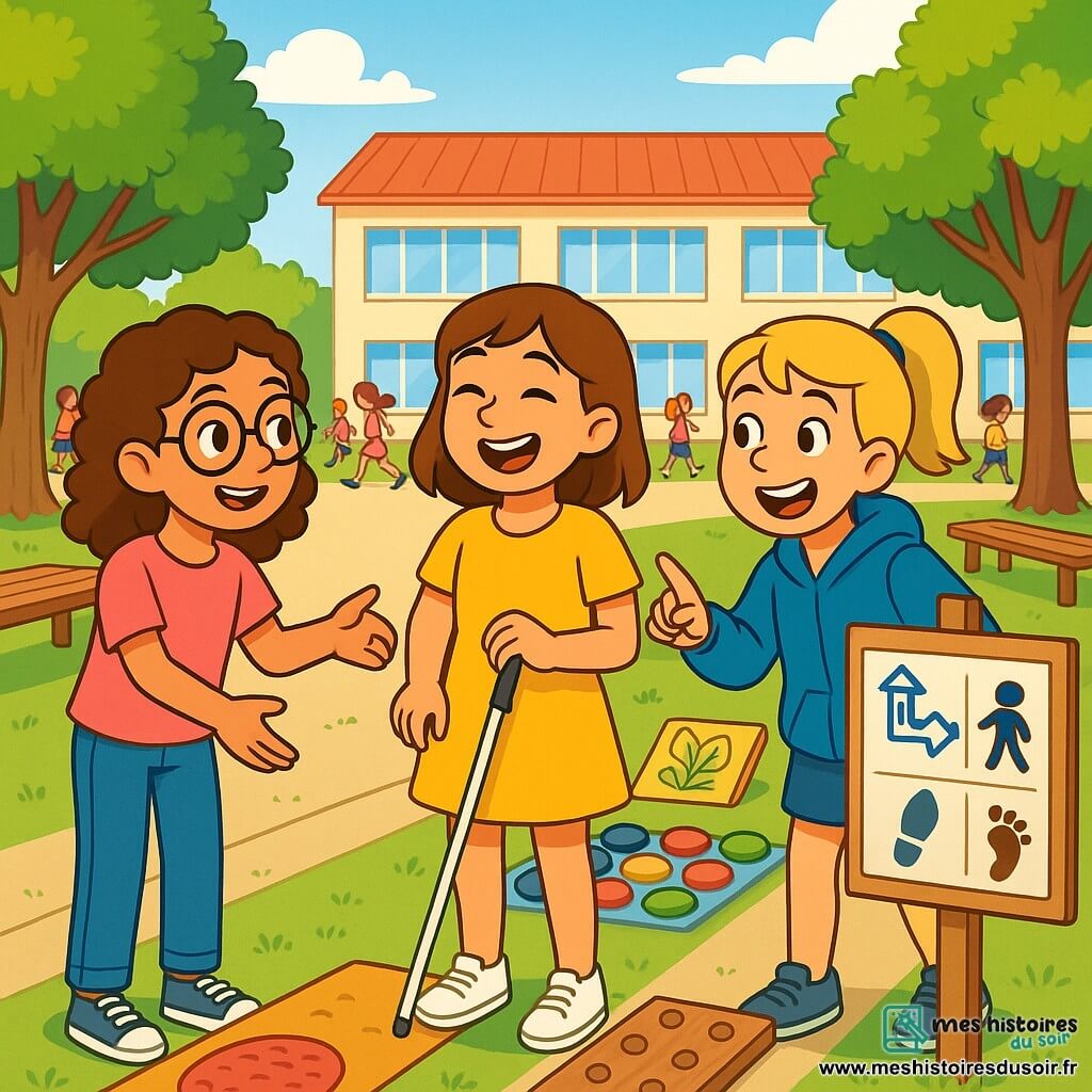 Il y a trois personnages : Louise, une fille de 11 ans avec des cheveux bruns bouclés et des lunettes rondes, souriante à gauche, tendant la main vers Ambre ; Ambre, 12 ans, avec des cheveux châtains et une canne blanche, riant au centre dans une robe jaune ; Camille, 11 ans, avec des cheveux blonds en queue de cheval, à droite, montrant un parcours sensoriel avec enthousiasme. La scène se déroule dans la cour ensoleillée d'un collège, entourée d'arbres, avec des bancs en bois et des élèves jouant au loin. Les trois filles animent un atelier de sensibilisation sur l'inclusion, avec des élèves curieux autour d'elles. Louise et Camille encouragent Ambre, qui explique comment naviguer dans le parcours sensoriel, créant une atmosphère joyeuse et collaborative.
