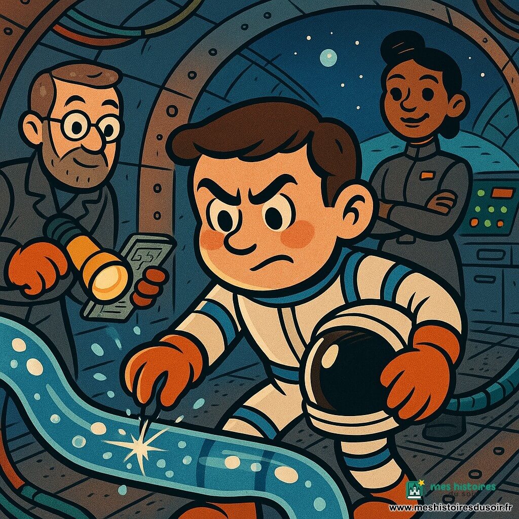 Jeune homme d’environ 23 ans au visage rond et souriant, cheveux châtain courts, yeux vifs, expression concentrée et déterminée (sourcils froncés, bouche serrée), en combinaison spatiale blanche à bandes bleues, gants épais orange, casque sous le bras, réparant une conduite d’oxygène transparente scintillante en appliquant une résine brillante avec un petit outil. À quelques pas derrière lui, la commandante Zhou, vers 40 ans, cheveux noirs en chignon, combinaison grise à galons, mains croisées, regard bienveillant et confiant, observe près d’un panneau de contrôle illuminé. À gauche, M. Lemoine, environ 50 ans, barbe, lunettes rondes, tient une lampe torche jaune et une tablette avec schémas, attentif et rassurant. Scène dans un tunnel technique sous un dôme lunaire : murs métalliques courbes à rivets, câbles colorés, panneaux lumineux verts et rouges, sol en plaques antidérapantes grises, petites étincelles bleues autour d’une fissure sur la conduite serpentant au centre, remplie de bulles lumineuses d’où s’échappe un filet d’air lumineux. Atmosphère nocturne claire, éclairage contrasté bleu froid et reflets orange des lampes, style cartoon rétro aux formes rondes, contours noirs épais, textures simples et couleurs saturées, cadrage serré sur les personnages et la réparation collective en cours.