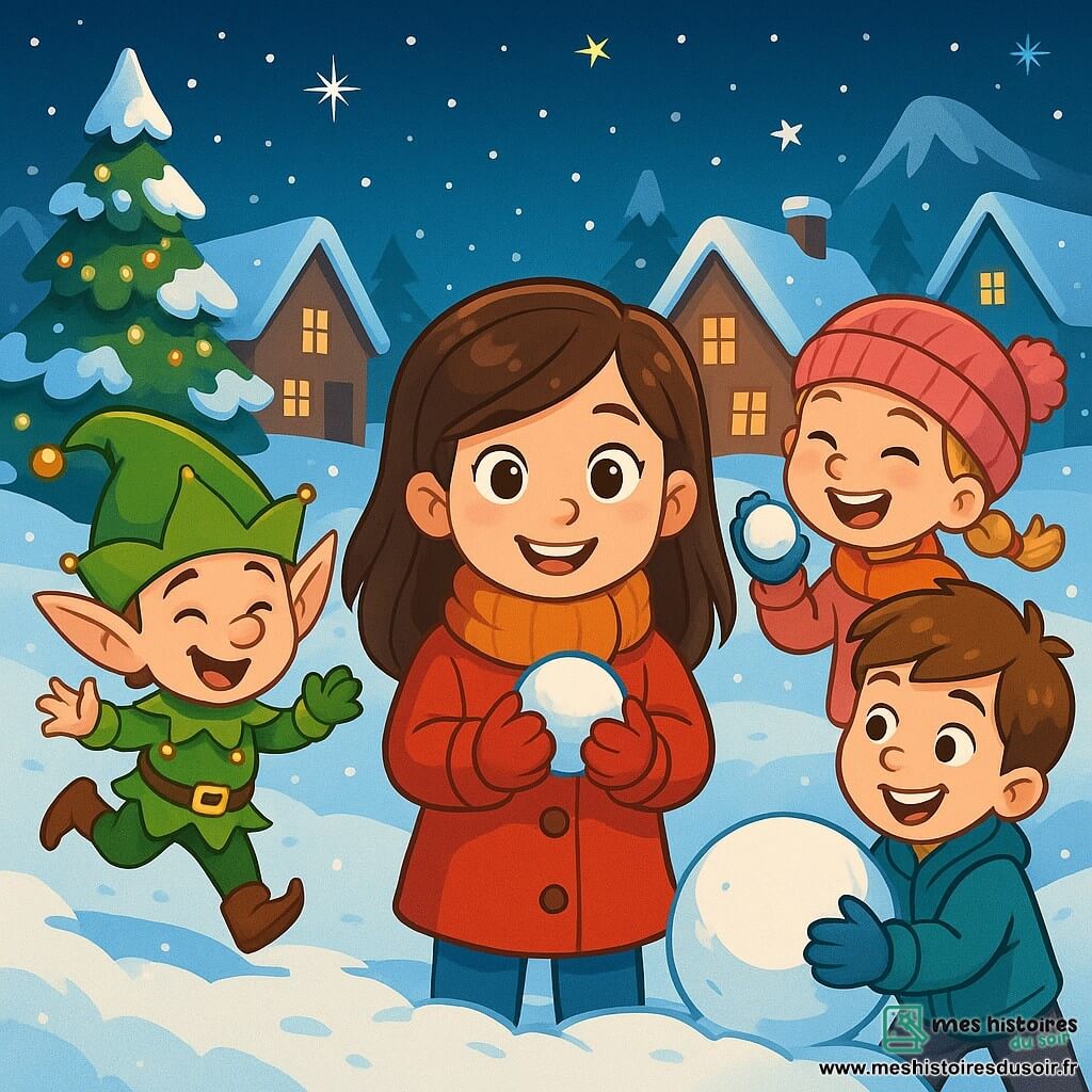 Quatre personnages principaux se trouvent dans une scène hivernale : Clara, une fille de 7 ans avec des cheveux bruns et un manteau rouge, souriante avec une boule de neige ; Pipo, un lutin des neiges en costume vert, sautant joyeusement à côté d'elle ; Lila, une fille de 8 ans avec des tresses blondes et un bonnet rose, riant avec une boule de neige ; et Hugo, un garçon de 7 ans, derrière Clara, roulant une boule de neige. L'illustration se déroule dans un village enneigé, avec des maisons couvertes de neige et des sapins illuminés. Clara et ses amis construisent un bonhomme de neige, entourés de rires et de magie de Noël, tandis que Pipo danse joyeusement, créant une ambiance festive.