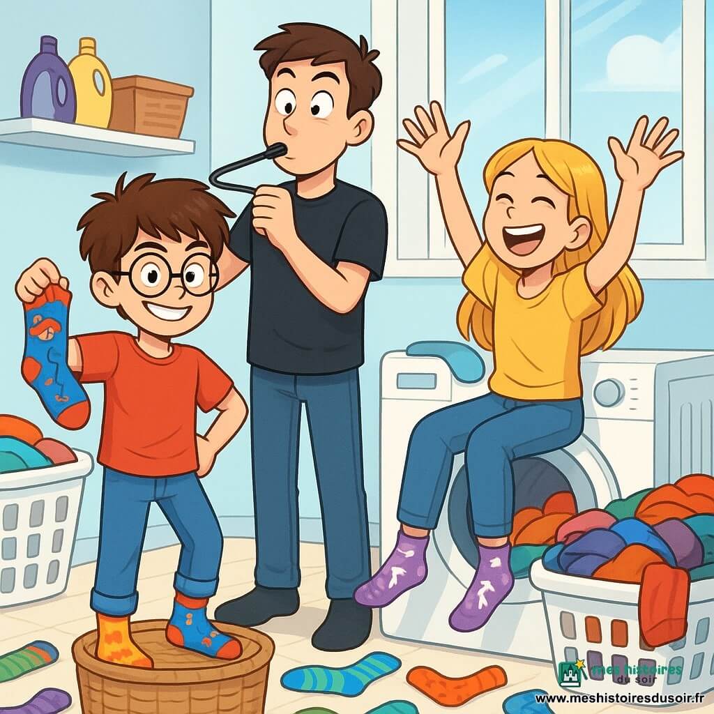 Léo, un garçon de 12 ans aux cheveux bruns en bataille et lunettes rondes, sourit malicieusement sur un podium improvisé fait de paniers à linge, tenant une chaussette super-héros. À ses côtés, sa sœur Zoé, 14 ans, avec des cheveux longs et blonds, rit en portant des chaussettes violettes à licornes, assise sur la machine à laver. Leur frère Max, 16 ans, avec un t-shirt noir, fait le clown en tenant un cintre comme un micro. La buanderie lumineuse est remplie de paniers de vêtements propres et sent la lessive à la lavande. Ils sont prêts à commencer leur défilé de mode de chaussettes, entourés de chaussettes colorées sur le sol, créant une ambiance joyeuse.