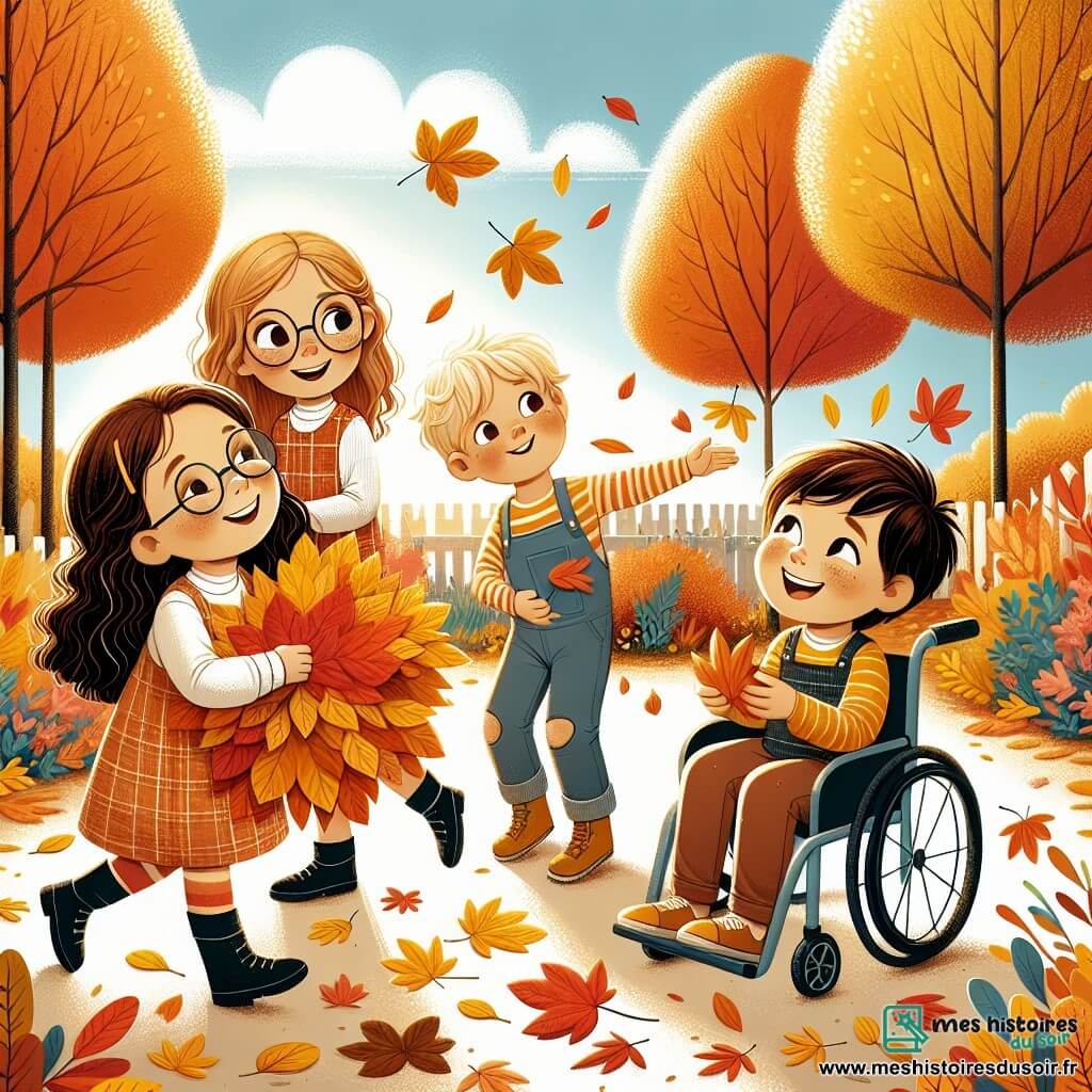 Dans un jardin automnal coloré, quatre enfants s'amusent ensemble. Chloé, 8 ans, tient une grande feuille orange ; Léo, 7 ans, lance des feuilles en l'air ; Maya, 6 ans, ramasse des feuilles avec joie ; et Tom, 9 ans en fauteuil roulant, sourit en les regardant. Le jardin est rempli d'arbres aux feuilles dorées et rouges, le ciel est bleu clair avec quelques nuages, et le soleil brille. Les enfants décorent leur maison avec des feuilles colorées tout en partageant des rires et des biscuits, créant une ambiance joyeuse.