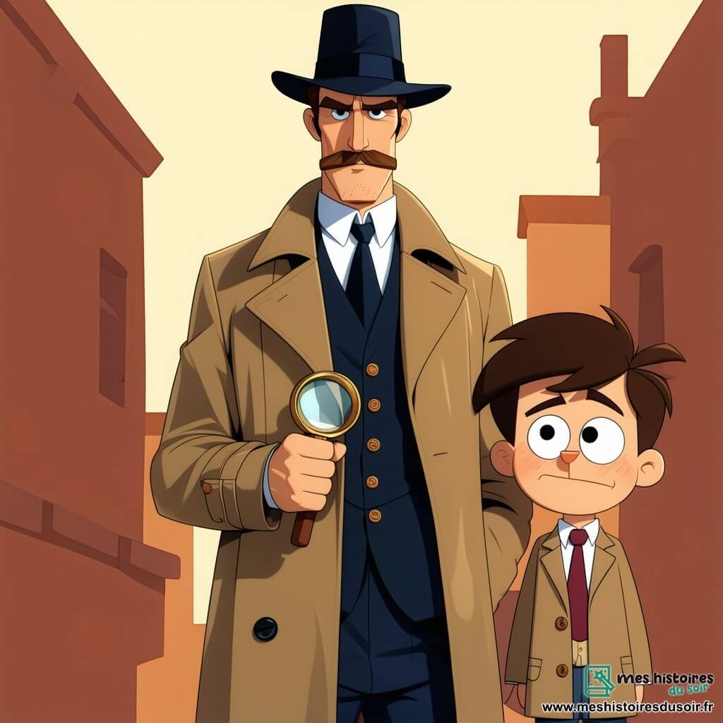 Un homme détective, Edgar Lenoir, se tient au centre de la scène, concentré et déterminé, portant un chapeau noir et un long manteau beige, une loupe à la main. À sa gauche, Max, un garçon de 10 ans aux cheveux blonds en bataille, observe une vitrine brisée avec curiosité et inquiétude, vêtu d'un t-shirt rouge et d'un short bleu. À droite, Madame Violette, une femme d'environ 40 ans avec des cheveux châtains en chignon, est anxieuse, les mains sur les hanches, portant une robe élégante et un collier scintillant qui a disparu. La scène se déroule dans la Galerie d’Art de Luminor, lumineuse, avec des murs ornés de tableaux colorés et une vitrine brisée au centre. Edgar examine les débris de la vitrine, Max cherche des indices au sol, tandis que Madame Violette semble désespérée de retrouver son collier volé.