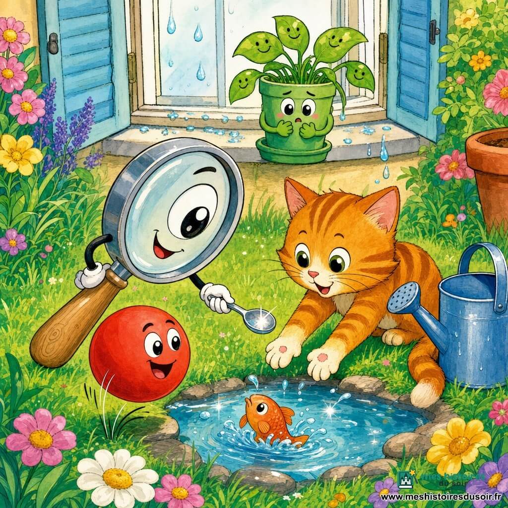Léo la loupe, loupe anthropomorphe ronde au grand œil brillant et poignée en bois, tenant une petite cuillère et penché sur une mare; Mimi le chat orange tigré assise près de l'arrosoir, pattes tendues vers un petit poisson; Oscar la balle, grosse balle rouge aux yeux dessinés, joyeuse au pied de Léo; Poppy la plante, petit pot vert aux feuilles souriantes, sur le rebord de la fenêtre. Jardin lumineux et coloré avec herbe verte, fleurs à pétales ronds, arrosoir bleu, mare scintillante et fenêtre ouverte avec gouttes; les amis découvrent le poisson ensemble, ambiance d'entraide et de joie, composition centrée, couleurs vives et contours à l'encre claire.