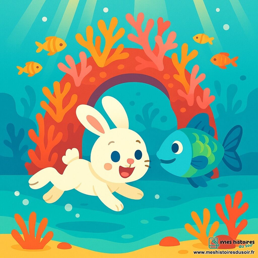 Léo, un petit lapin blanc aux grandes oreilles et aux yeux curieux, nage joyeusement dans une eau turquoise, souriant émerveillé. À ses côtés, Pipo, un poisson bleu et vert aux écailles scintillantes, lui montre le chemin avec une expression amicale. En arrière-plan, une arche de corail coloré, avec des coraux roses et orange, abrite des poissons multicolores dansant. La lumière du soleil filtre à travers l'eau, créant des reflets dorés. Léo et Pipo explorent ensemble ce monde sous-marin magique, remplis d'émerveillement et d'amitié.