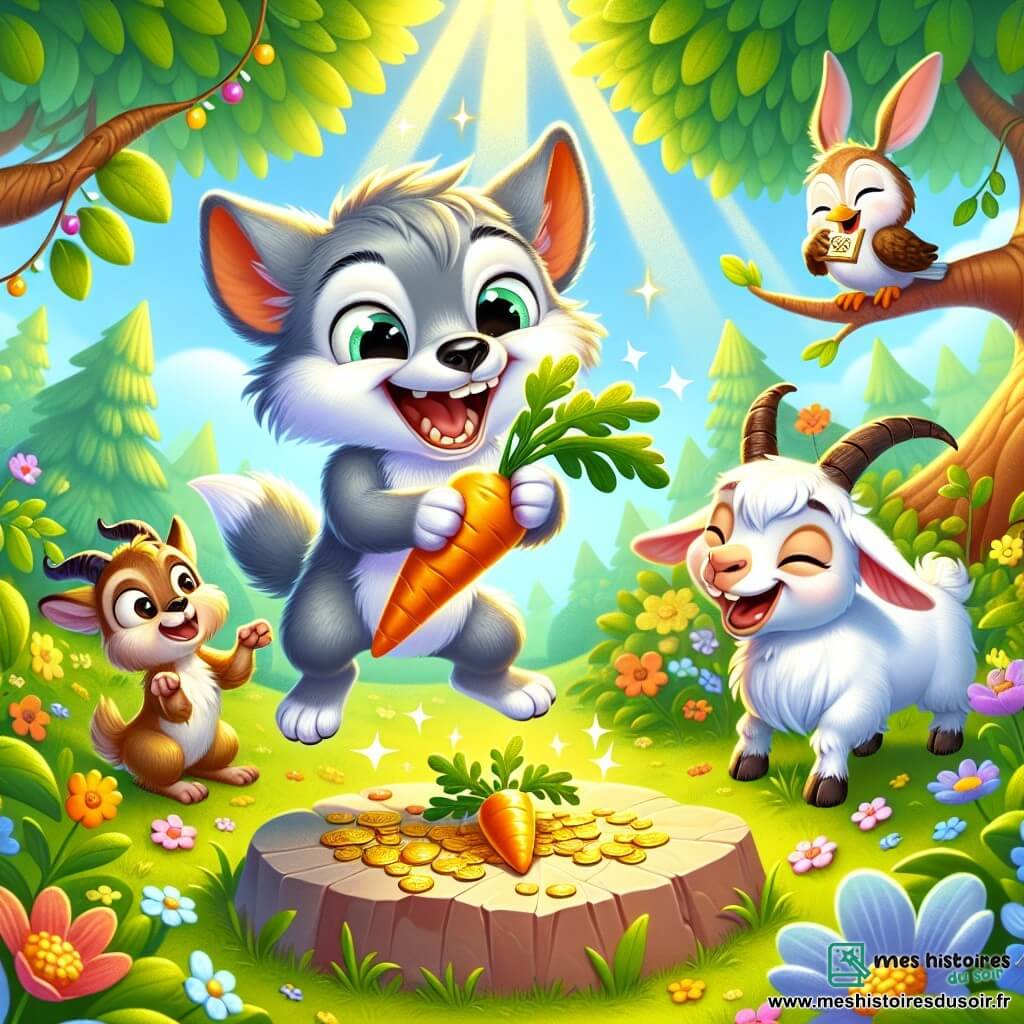 Illustration d'un petit loup gris, souriant et sautant de joie avec une carotte dorée, aux yeux brillants d'excitation. À ses côtés, une petite chèvre blanche, espiègle et rieuse, prête à danser. Un hibou marron, perché sur une branche, rit en tenant une blague. Le décor est une clairière ensoleillée, entourée d'arbres verts et de fleurs colorées, avec une grande pierre plate servant de table pour la carotte scintillante. Les amis célèbrent leur découverte dans une atmosphère de rires et de joie, prêts à partager un festin et des blagues.