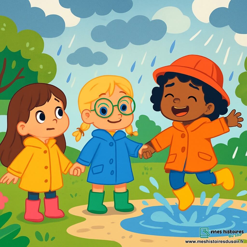 Trois petites filles de 5 ans se trouvent dans un parc sous la pluie. Mia, à gauche, a de longs cheveux bruns et porte un imperméable jaune vif. Lila, au centre, a des cheveux blonds en tresses et un imperméable bleu. Zoé, à droite, a des cheveux frisés noirs, un chapeau de pluie rouge et un imperméable orange. Elles s'apprêtent à sauter dans une grande flaque d'eau, riant aux éclats, tandis que la pluie tombe doucement et que le ciel est nuageux avec des rayons de soleil perçant. Le paysage est joyeux et vivant, avec des arbres et des fleurs colorées.