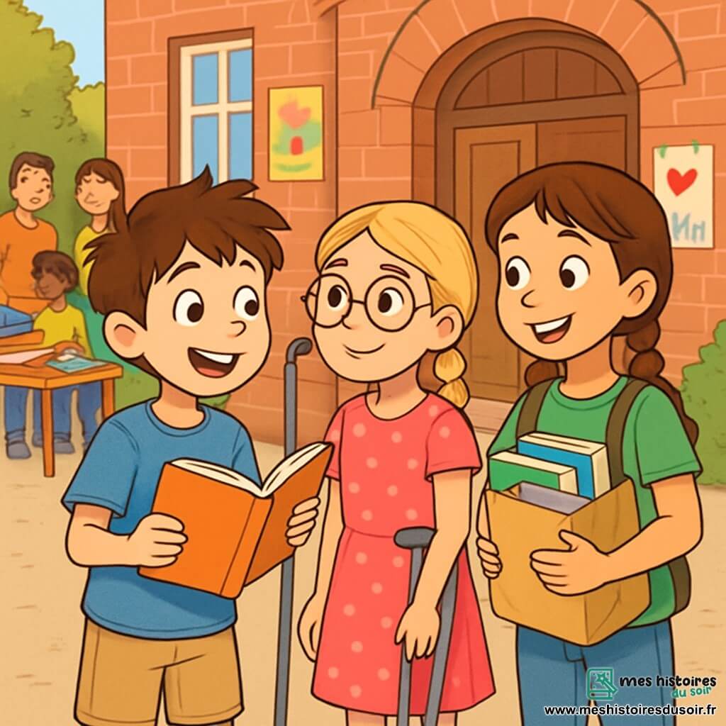 Trois personnages sont présents : Lucas, un garçon de 11 ans aux cheveux bruns ébouriffés et aux yeux curieux, porte un t-shirt bleu et un short beige, tenant un livre avec enthousiasme. Emma, une fille de 10 ans avec des cheveux blonds tressés et des lunettes rondes, est vêtue d'une robe rose à pois et sourit à Lucas, une béquille à côté d'elle. Sarah, 11 ans, a des cheveux châtains et des tresses, porte un t-shirt vert et un jean, tenant un sac rempli de livres. Ils se trouvent devant un centre communautaire avec des murs en briques rouges, des affiches colorées annonçant des événements de solidarité, et des familles souriantes rassemblées autour de tables avec des livres et des vêtements. Les enfants discutent avec des adultes, partageant livres et sourires, illustrant la solidarité dans leur communauté.