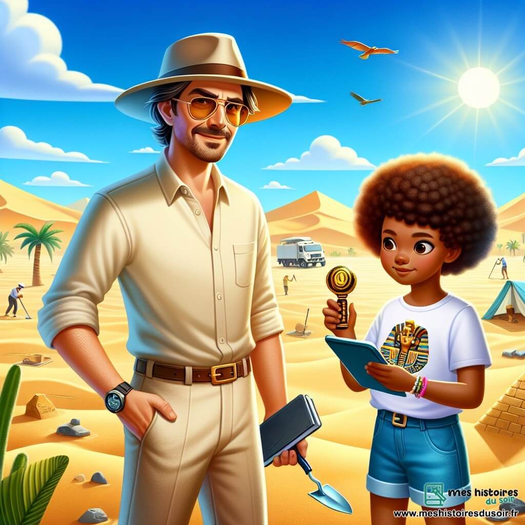 Au centre de l'image, Adrien, un homme d'une trentaine d'années, se tient debout dans un désert égyptien, le visage marqué par l'excitation. Il porte un chapeau, une chemise beige et des lunettes de soleil, tenant une truelle et un carnet. À ses côtés, Sophie, une jeune fille de 25 ans aux cheveux bruns et bouclés, observe une amulette en forme de scarabée. Le décor est un paysage désertique avec des dunes de sable doré et un ciel bleu, où l'on aperçoit des palmiers et un camp de fouilles. La scène montre Adrien et Sophie découvrant un passage secret entouré de hiéroglyphes, créant une atmosphère de mystère et d'aventure.
