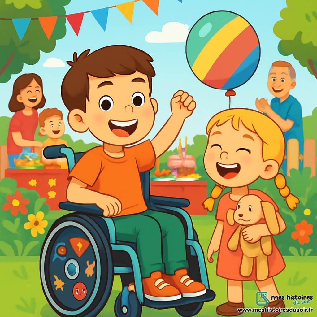 Un garçon de 8 ans, Paul, aux cheveux châtains et aux yeux pétillants, est assis dans son fauteuil roulant décoré d'autocollants de super-héros. Il sourit, montrant son enthousiasme. À côté de lui, sa petite sœur Zoé, 6 ans, avec des cheveux blonds en tresses et un doudou, rit en tenant un ballon coloré. En arrière-plan, leur jardin est rempli de fleurs et de guirlandes, avec des voisins et des amis autour d'une table chargée de gâteaux. La scène dégage une atmosphère de joie et de camaraderie, où Paul se sent entouré d'amour et de soutien, prêt à célébrer.