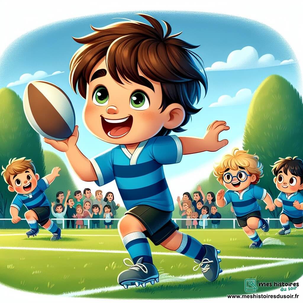 Hugo, un garçon de 6 ans aux cheveux bruns en bataille et au grand sourire, porte un maillot de rugby bleu et court et court avec enthousiasme sur un terrain verdoyant. Ses yeux brillent de joie alors qu'il s'apprête à lancer un ballon ovale à son ami. À ses côtés, Lucas, également âgé de 6 ans, aux cheveux blonds et lunettes rondes, admire Hugo tout en portant un maillot jaune. Le terrain est entouré de grands arbres, et des parents applaudissent au loin, créant une ambiance festive. La scène montre Hugo lançant le ballon avec détermination tandis que Lucas se prépare à le rattraper, illustrant l'esprit d'équipe et l'amitié.