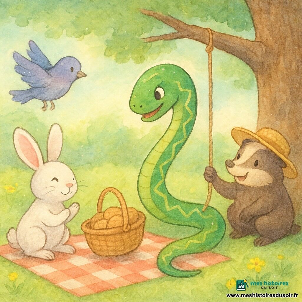 Un serpent vert émeraude luisant aux motifs jaunes saisit un panier de biscuits depuis une liane tendue vers une table basse ; à gauche, un lapin blanc aux grandes oreilles sourit et s'apprête à applaudir, un pigeon gris-bleu vole au-dessus, et un blaireau brun coiffé d'un large chapeau de paille tient la corde en arrière, tous amusés tandis que le panier bascule et tombe dans l'herbe d'une clairière parsemée de fleurs et dominée par un grand chêne, une nappe à carreaux rouges et blancs étalée au sol ; style aquarelle pastel, contours doux, touches de lumière au stylo gel blanc, atmosphère chaleureuse et ludique, composition centrée sur le serpent et le panier.