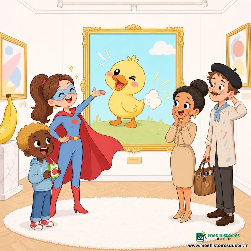 Une super-héroïne souriante et malicieuse, cape rouge et masque bleu pastel, pointe d’un geste théâtral vers un grand tableau d’un canard jaune qui fait "pouit" et déclenche des rires dans une galerie lumineuse aux tons pastel ; à gauche un garçon émerveillé tient un jus, à droite la directrice rit la bouche entrouverte, un artiste au béret sourit derrière la scène, tapis immaculé, grands cadres dorés et ambiance joyeuse et légère.