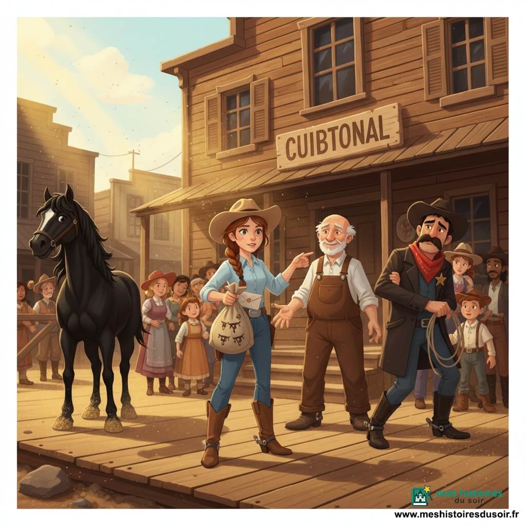 Cassie, jeune cow‑girl aux tresses châtain et chapeau beige, pointe du doigt en montrant un sac en toile ouvert contenant des marques de bétail et une lettre ; Joe, homme âgé au sourire soulagé, se tient sur les marches du tribunal, Billy Croc, homme au bandana rouge, est saisi sur le trottoir par le shérif moustachu qui tient un lasso ; Tornado, grand cheval noir, est attaché près d’une écurie à gauche, et la foule de Redstone — habitants, femmes, enfants et quelques hommes chapeautés —, rassemblée devant les façades en bois poussiéreuses de la rue principale, observe, l’atmosphère étant tendue mais lumineuse avec des couleurs chaudes et des rayons de soleil obliques, la composition centrée sur Cassie et le sac de preuves.