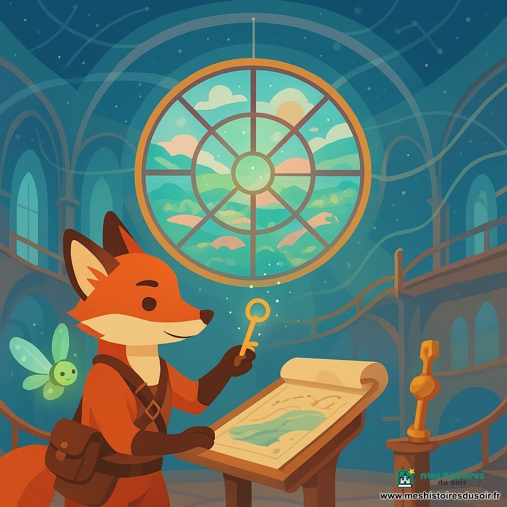 Lumo, renard cartographe anthropomorphe au pelage roux et au regard concentré, vêtu d’un harnais en cuir à pochettes, tend une clef fine et brillante qui émet de petites notes musicales tandis qu’un parchemin aux fils d’argent est déroulé sur un pupitre; Plic, une luciole-drone au ventre cristallin et aux ailes de verre translucide, vole près de son épaule en projetant une lueur verte pâle. Au centre d’une salle ronde flotte la Grande Rosace — vitraux en verre stellaire aux couleurs pastel avec mini-paysages, suspendue par fils d’éther scintillants — entourée d’une nef-cathédrale volante aux passerelles en cuivre poli, leviers ornés de cristaux et voiles d’éther montrant constellations; la Rosace répond à la clef par une auréole de lumière et de notes tandis que la carte souffle des fils argentés et des tracés lumineux — un instant de découverte calme, magique et responsable.
