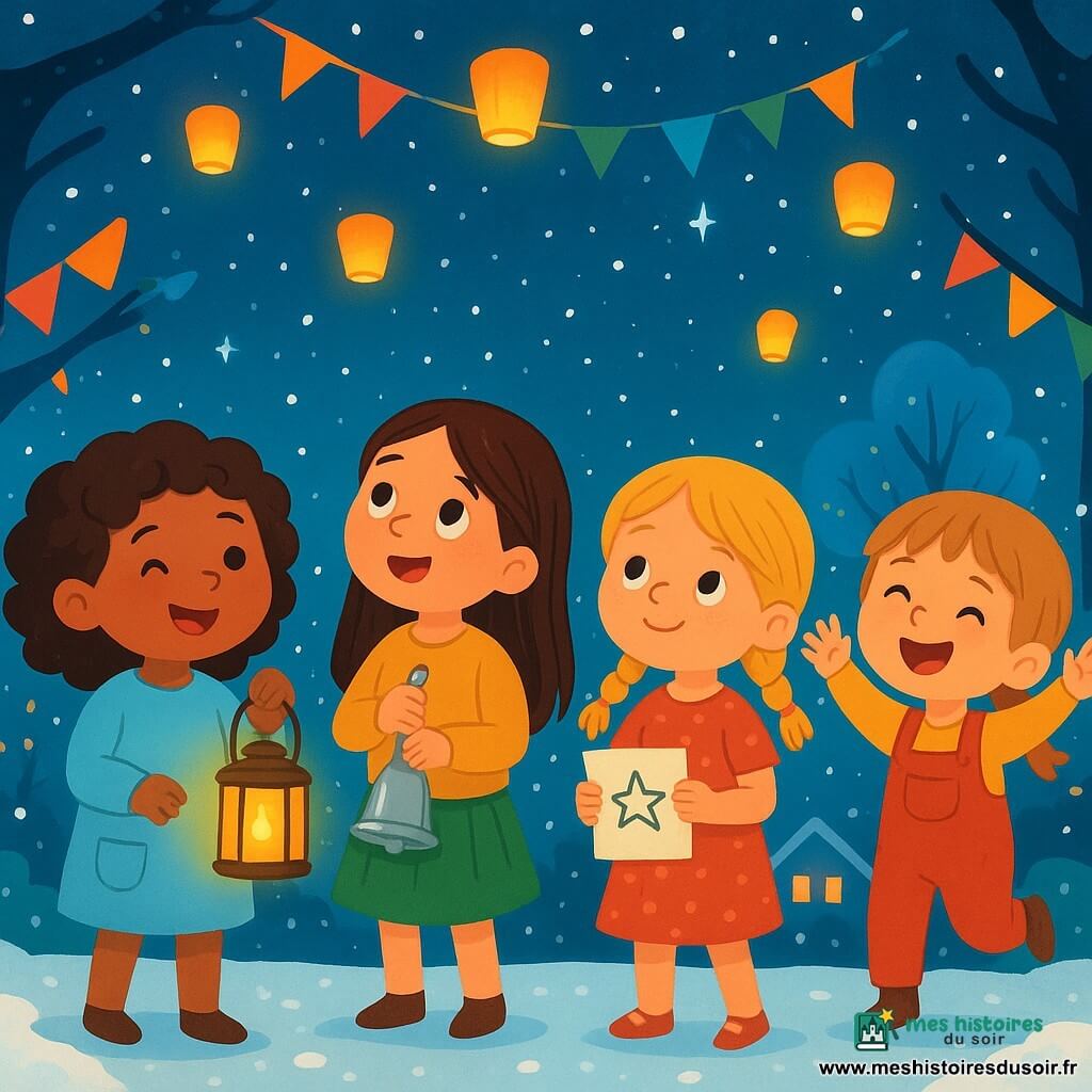 Il y a quatre enfants : Léa, une fille de 6 ans avec des cheveux bruns et bouclés, souriant joyeusement en tenant une lanterne allumée ; Naïa, avec des cheveux longs et lisses, émerveillée par les étoiles et tenant une cloche argentée ; Zoé, avec des cheveux courts et châtains, dansant en salopette rouge ; et Mira, avec des cheveux blonds en tresses, tenant un papier avec un vœu. L'action se déroule dans un jardin féerique illuminé par des lanternes flottantes, avec de la neige tombant doucement et des guirlandes colorées décorant les arbres. Les filles sont rassemblées, prêtes à libérer leurs lanternes dans le ciel étoilé, entourées de lumière et de rires.