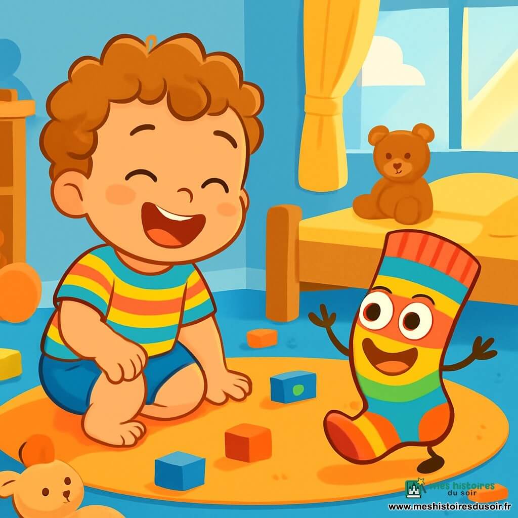 Un petit garçon de 2 ans, Malo, avec des cheveux bouclés et des yeux curieux, est accroupi sur un tapis moelleux, riant. Il porte un t-shirt rayé coloré et des shorts bleus. À ses côtés, une chaussette magique, souriante et aux yeux ronds, danse joyeusement. La scène se déroule dans une chambre d'enfant lumineuse, remplie de jouets et de peluches, avec des murs peints en bleu ciel. Un rayon de soleil illumine la pièce. Malo découvre sa chaussette qui éternue sous son lit, et ensemble, ils partagent un moment de rire et de magie, créant une atmosphère joyeuse.