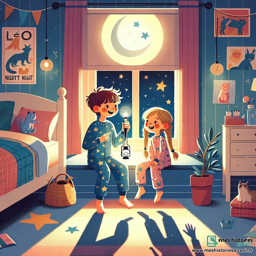 Léo, un garçon de 7 ans aux cheveux bruns en bataille et portant un pyjama bleu avec des étoiles, est assis sur son lit avec Mia, une fille de 6 ans aux cheveux blonds tressés en pyjama rose avec des petits chats. Ils se trouvent dans une chambre d’enfant chaleureuse aux murs bleu pastel, décorée de posters et d'un tapis moelleux. Une lumière de lune éclaire la pièce, créant une ambiance mystérieuse. Léo et Mia chantent ensemble pour surmonter leur peur du noir, tandis que la veilleuse en forme de lune illumine leurs visages joyeux.