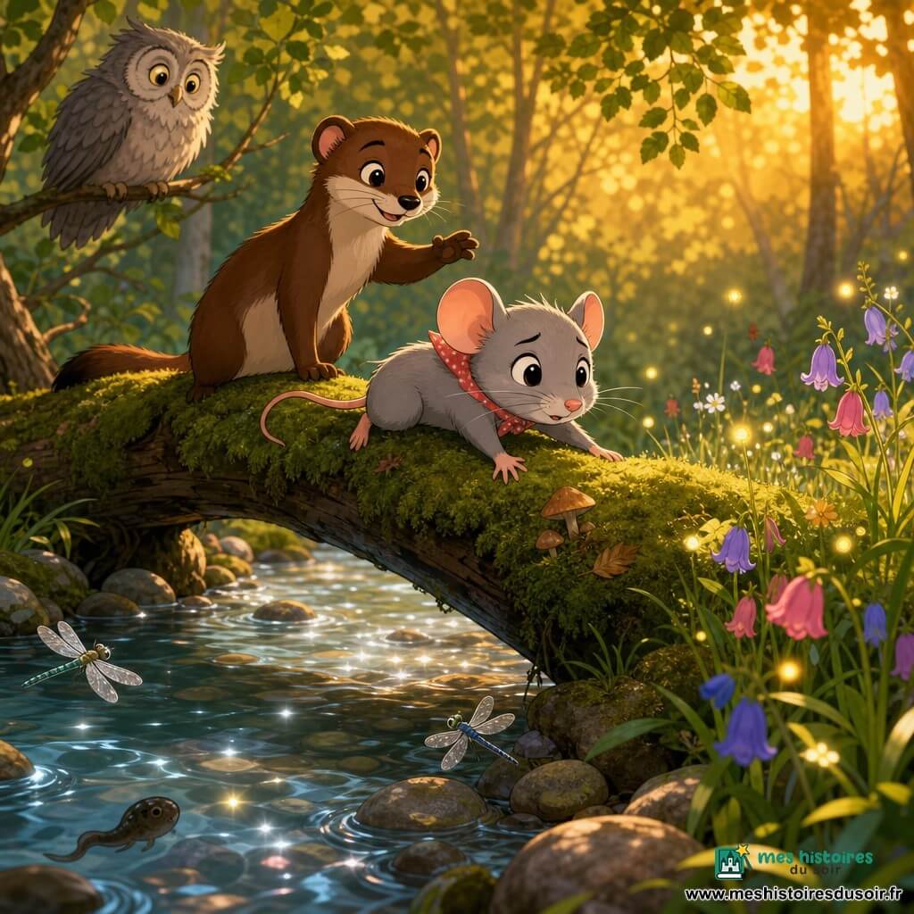 Capucine, petite souris grise aux yeux noirs brillants et moustaches fines, tremblante mais fière, se tient sur un tronc couvert de mousse après l’avoir traversé ; derrière elle, Lune la belette brune, pelage soyeux et sourire encourageant, prête à aider, et un vieux hibou gris aux plumes ébouriffées observe depuis une branche ; en contrebas, un ruisseau clair aux reflets argentés, libellules et têtard, berges moussuess, champignons et feuilles, prairie fleurie et lucioles de l’autre côté, lumière douce et chaude de fin d’après-midi, style simple et rond adapté aux enfants.