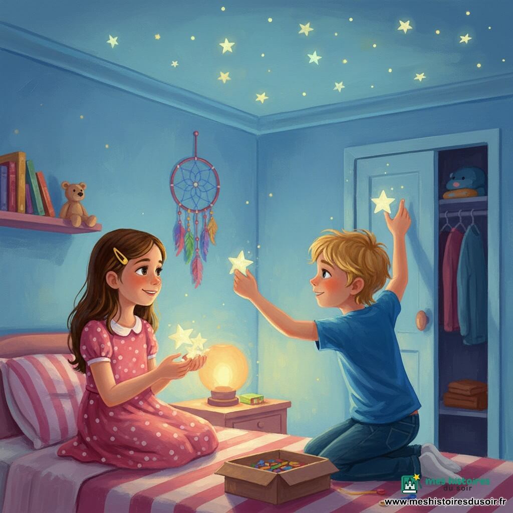 Deux enfants d'environ 7 ans, Émilie (fille, cheveux châtains mi-longs avec une barrette jaune, robe rose à pois) assise à gauche tenant des étoiles phosphorescentes et regardant le plafond avec un sourire timide, et Léo (garçon, cheveux blonds en bataille, t-shirt bleu et jean) accroupi à droite près d'une boîte de bricolage tendant une étoile vers elle en montrant le coin du plafond; ils décorent ensemble le plafond d'une chambre d'enfant la nuit (murs bleu clair, lit à couverture rayée, petite étagère avec livres et doudou, placard entrouvert, attrape-rêves au-dessus du lit), collant des étoiles qui brillent doucement sous la lumière chaude de la veilleuse, créant une ambiance rassurante et magique centrée sur leurs regards complices et leurs gestes délicats.