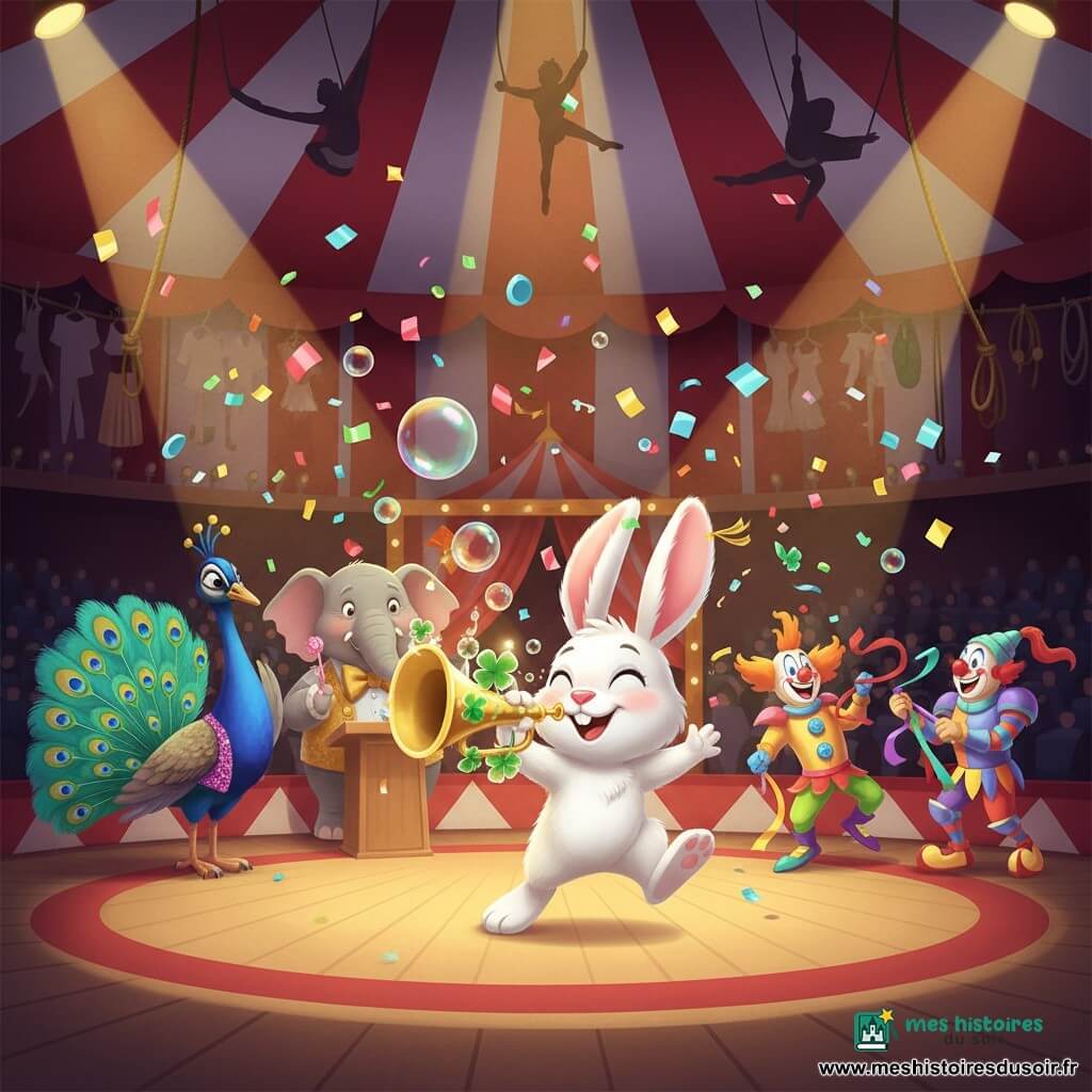 Lapinou, petit lapin blanc au pelage duveteux et grandes oreilles roses, souffle dans une trompette à bulles ornée de trèfles au centre de la piste tandis qu'une pluie de confettis métalliques multicolores et de bulles irisées tourbillonne autour de lui; à gauche, Monsieur Saluto, grand paon chorégraphe au plumage bleu‑vert et gilet pailleté, applaudit, et en arrière‑plan un vieux directeur éléphant au regard bienveillant, nœud papillon doré et tenant une petite clé à pompon rose, se tient près d'un pupitre; à droite, un duo de clowns‑chevaliers colorés tire des rubans en riant, des trapézistes silhouettés se profilent en haut, et le chapiteau rayé rouge et blanc, le sol en bois poli, les gradins ombragés, les cordes et costumes en coulisses, ainsi que des projecteurs chauds complètent l'ambiance festive et lumineuse.