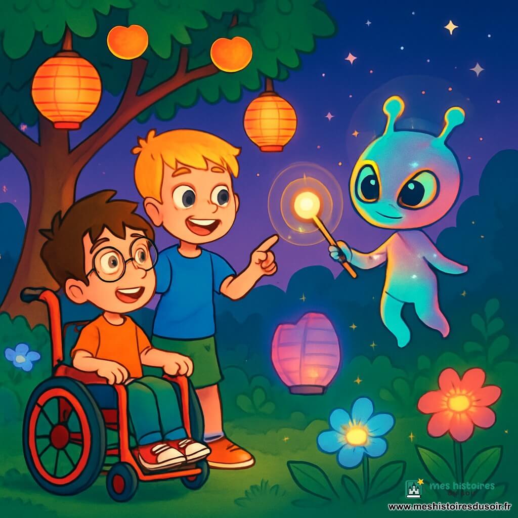 Il y a trois personnages : Max, un garçon de 7 ans dans un fauteuil roulant rouge, aux cheveux bruns en bataille et lunettes rondes, souriant en regardant une lumière flottante ; Léo, également âgé de 7 ans, debout à côté de Max, avec des cheveux blonds, un t-shirt bleu et un short vert, riant en pointant la lumière ; et Mira, une petite créature extraterrestre de 30 centimètres, à la peau scintillante et aux grands yeux brillants, flottant avec un bâton lumineux. L'action se déroule dans un jardin magique au crépuscule, avec des lampions colorés et un vieux pommier chargé de fruits dorés. Max et Léo interagissent avec Mira, qui leur demande de l'aide pour rassurer un nuage inquiet, créant une atmosphère chaleureuse et magique.