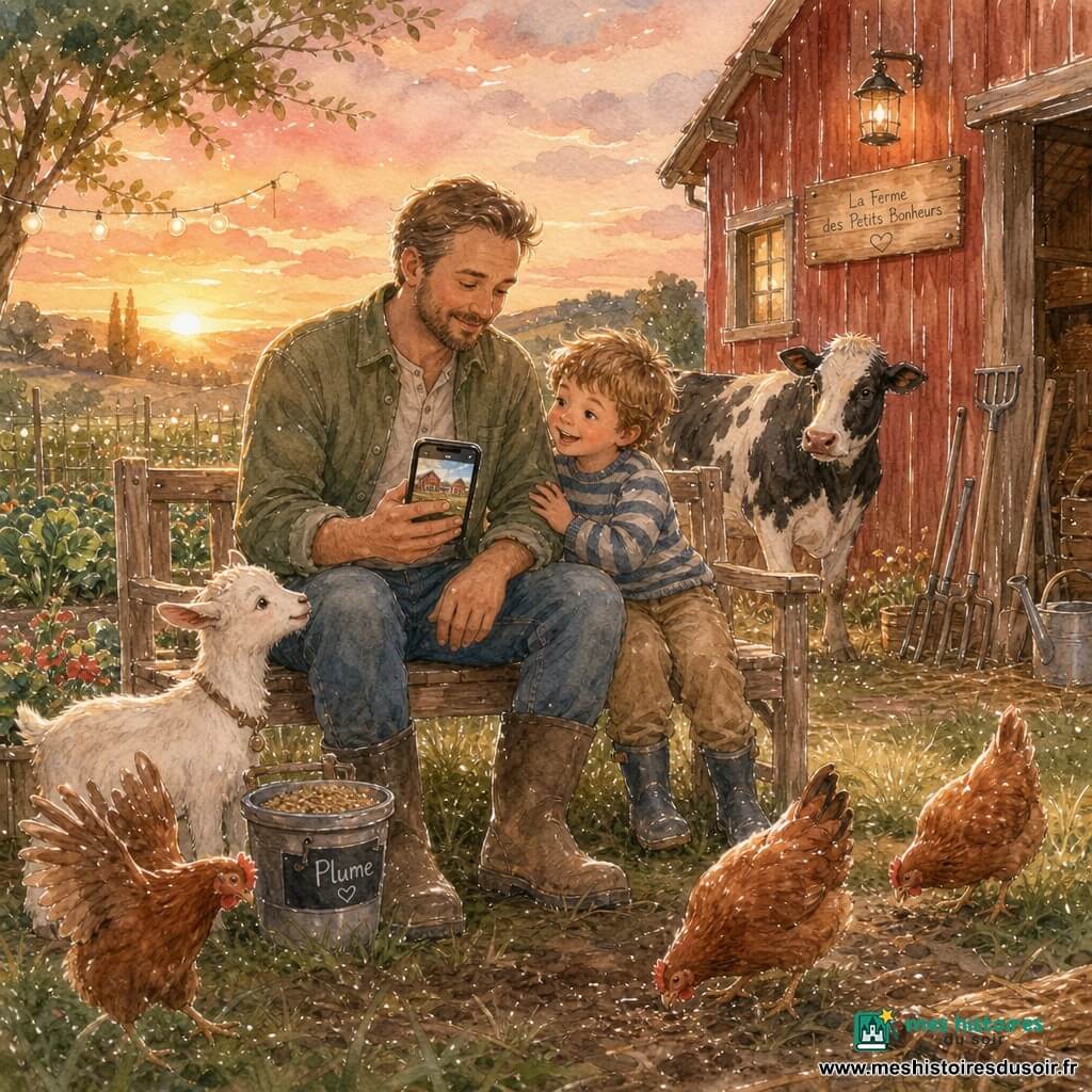 Un agriculteur au visage rond, barbe légère et peau hâlée, assis sur un banc en bois, souriant et tenant un téléphone affichant une photo de la ferme ; à côté, un garçon d’environ 5 ans en petit pull rayé, cheveux en bataille, émerveillé et riant doucement la main sur le bras de l’homme ; une petite chèvre blanche nommée Plume renifle un seau de graines près du banc, une vache noire et blanche se tient près de la grange en arrière-plan, quelques poules rousses picorent au premier plan ; cour de ferme au crépuscule avec herbe et traces de boue, grange rouge à droite, potager à gauche, outils adossés à la grange, ciel rose-orange et lumière dorée basse créant de longues ombres et une atmosphère chaleureuse.
