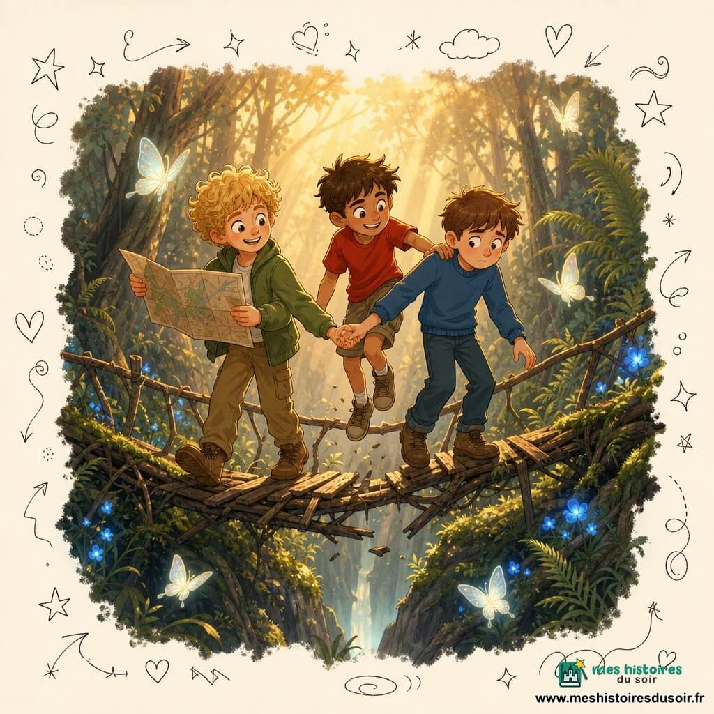 Trois garçons traversent un pont branlé de branches et de planches au-dessus d’un ravin dans la Forêt-Lumière : Léo, ~10 ans, cheveux bouclés blonds, veste verte, à gauche souriant en regardant la carte qu’il tient à deux mains ; Malo, ~10 ans, peau hâlée, t‑shirt rouge, au centre bondissant malicieusement et posant la main sur l’épaule de Théo ; Théo, ~10 ans, cheveux châtains, regard timide, pull bleu, à droite avançant prudemment le pied sur une planche et tenant la main de Léo. La scène au crépuscule est baignée de rayons dorés filtrés, mousse émeraude, fougères hautes, petites fleurs phosphorescentes bleues et papillons translucides lumineux ; les planches craquent, leurs expressions mêlent peur et amitié tandis que Léo et Malo rassurent Théo, rendu dans un style doux, coloré, aux traits ronds et détails enfantins.