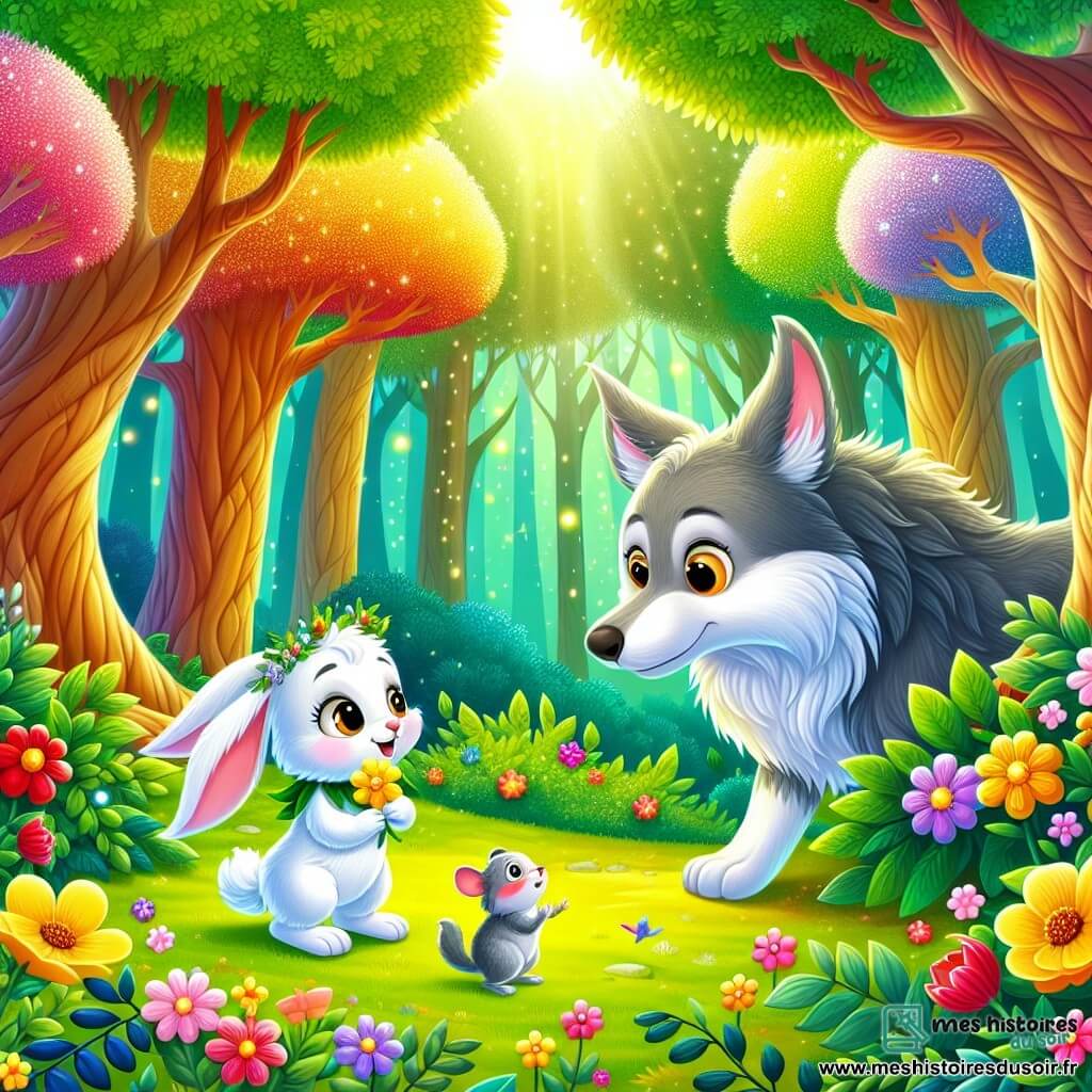 Léo, un petit lapin blanc aux yeux brillants et au pelage doux, se tient courageusement devant un grand loup gris, qui semble surpris et curieux. Léo sourit avec détermination, tandis que le loup, perplexe, le regarde avec des yeux ronds. Près d'eux, une petite souris grise aux yeux pétillants observe la scène avec inquiétude, cachée derrière une fleur colorée, prête à soutenir Léo. La scène se déroule dans une forêt enchantée, avec des arbres majestueux et des fleurs multicolores, créant une atmosphère joyeuse. Léo propose au loup de devenir amis, et ce dernier commence à réaliser qu'il peut changer et être gentil.