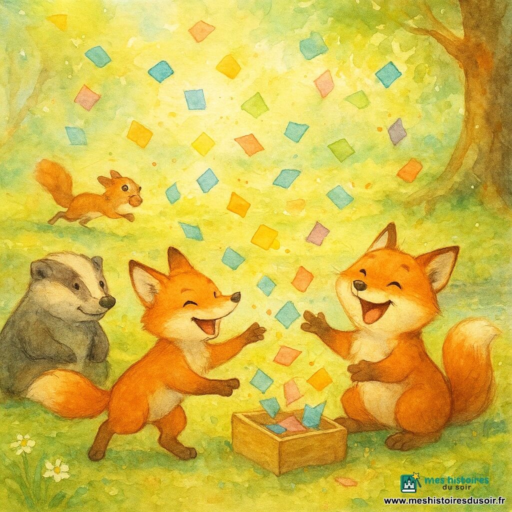 Un petit renard roux, Léo, espiègle et rayonnant, museau pointu et pelage orange cuivré, tend les pattes vers une pluie de petits papiers colorés en riant, penché comme s’il courait ; son jumeau Lou, un peu rondinet et hilare, aux oreilles légèrement tombantes et tache blanche sur la poitrine, est accroupi derrière lui en train d’attraper un papier, bouche ouverte de rire ; un vieux blaireau rond et patient, moustaches grises, est assis sur une souche à gauche, souriant, tandis qu’un écureuil vif traverse l’arrière-plan avec une noisette dans la gueule, surpris par les papiers tourbillonnants ; dans une clairière du parc aux herbes ponctuées de pâquerettes, un ruisseau au fond, grosses racines et une souche mousseuse, une petite boîte en bois ouverte au sol laisse s’envoler une nuée de papiers multicolores qui virevoltent comme des papillons, créant un joyeux chaos ; style aquarelle doux, couleurs chaudes (oranges, verts tendres, bleus pâles), contours légèrement flous, textures de papier visibles et éclaboussures pour le mouvement.