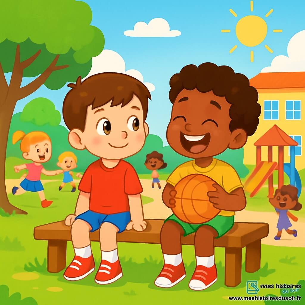 Tom, un garçon de 6 ans aux cheveux châtains et aux yeux curieux, est assis sur un banc dans une cour d'école avec Malik, un autre garçon de 6 ans aux cheveux bouclés et à la peau foncée. Ils sourient, entourés d'autres enfants qui jouent, créant une ambiance joyeuse. La cour est spacieuse avec des arbres, des jeux colorés et un ciel bleu ensoleillé. Tom et Malik échangent des sourires complices, symbolisant l'amitié et l'acceptation des différences.