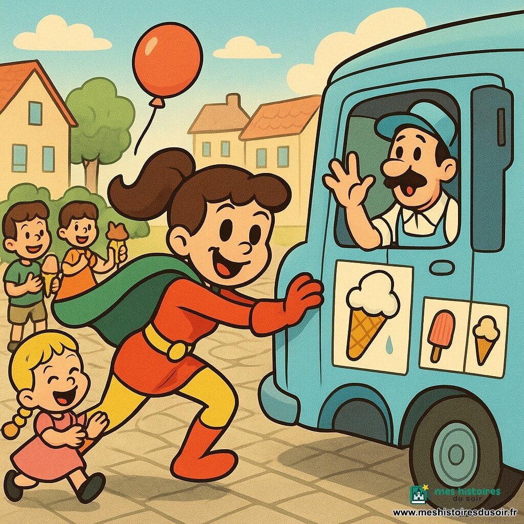 Zoé, super-héroïne souriante et malicieuse à la cape verte flottante et cheveux bruns en couette, en costume rouge et jaune, pousse dynamiquement un camion de glaces vintage bleu ciel coincé sur une rue pavée de village, tandis que Monsieur Glagla, vendeur moustachu au visage étonné et reconnaissant et casquette, essuie une goutte de glace et lève la main vers elle; Lily, petite fille de 5 ans en robe rose et tresses blondes, tient un ballon rouge en riant et sautant à gauche, plusieurs enfants ronds et heureux applaudissent en tenant des cornets colorés, affiches de glaces dessinées, bâtiments pastel et arbres ronds en arrière-plan, ambiance chaleureuse, comique et colorée avec mouvements exagérés.