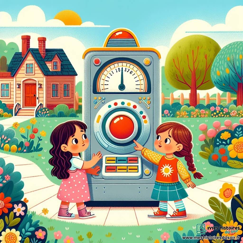 Trois petites filles, Lila, Zoé et Mia, se tiennent devant une machine à voyager dans le temps. Lila, 8 ans, a de longs cheveux bruns et une robe rose à pois. Zoé, aussi 8 ans, a des cheveux blonds en tresses et une jupe bleue. Mia, 7 ans, a des cheveux bouclés châtains et un t-shirt jaune. Elles se trouvent dans un jardin ensoleillé, entouré de fleurs et d'arbres, avec une vieille maison en bois en arrière-plan. Elles s'apprêtent à appuyer sur le bouton rouge de la machine, visiblement excitées par l'aventure qui les attend.
