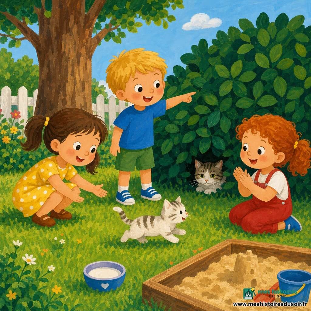 Trois enfants dans un jardin ensoleillé : Léa (6 ans, cheveux bruns en couettes, robe jaune à pois) accroupie à gauche tend la main vers un petit chaton tigré qui court vers sa mère cachée sous un buisson ; Tom (7 ans, cheveux blonds courts, T-shirt bleu, short vert) debout au centre pointe vers le buisson avec excitation ; Mia (5 ans, cheveux roux bouclés, salopette rouge) assise à droite sourit et applaudit ; pelouse verte, grand arbre au fond, bac à sable beige et petit bol de lait à proximité, ambiance chaleureuse et composition centrée.