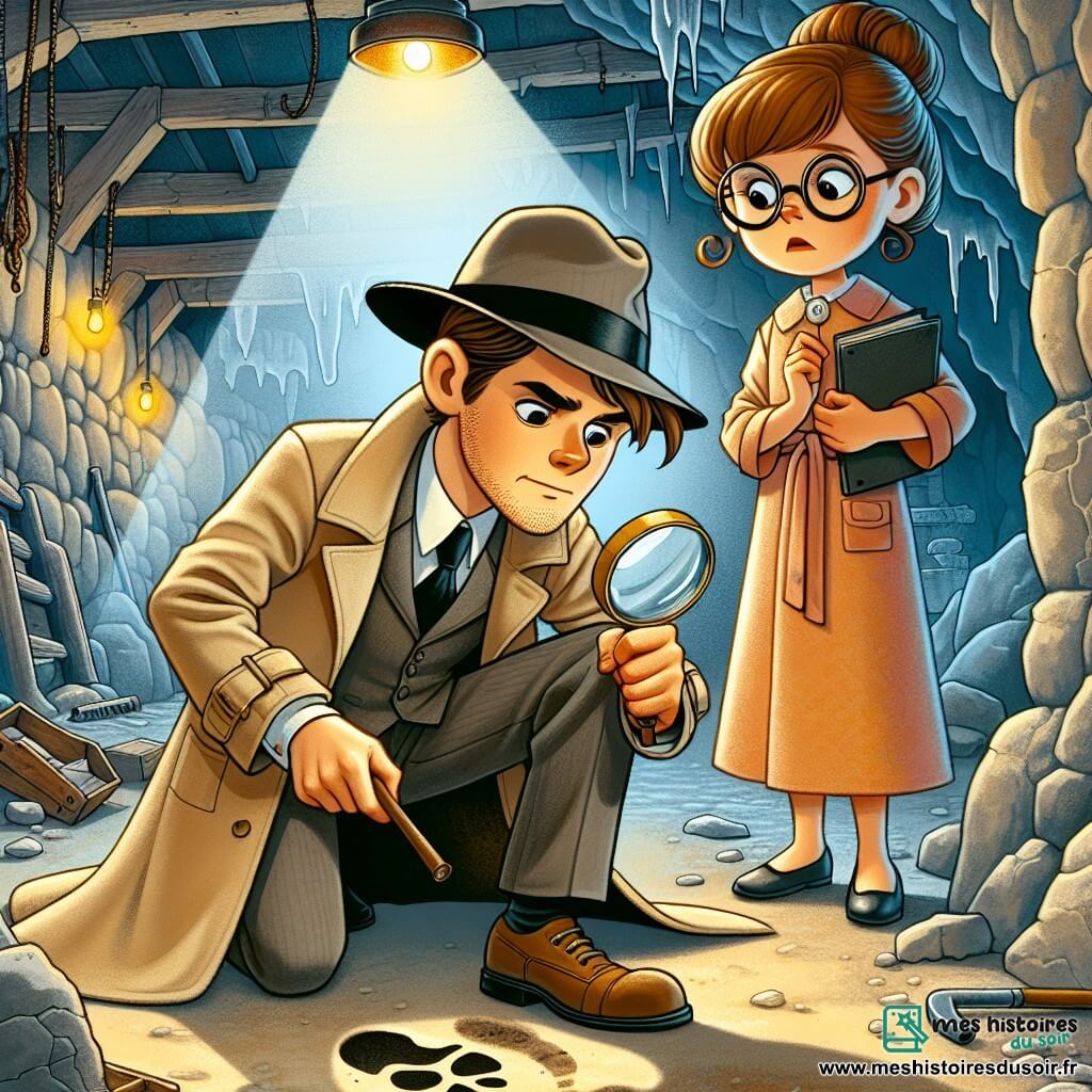 Un homme détective, Julien, se tient au centre de la scène, regard déterminé, examinant une empreinte de pas avec une loupe. Il porte un trench-coat beige et un chapeau noir. À ses côtés, Madame Dubois, une femme d'environ 40 ans, observe avec inquiétude, tenant un dossier et espérant retrouver son frère. La scène se déroule dans une mine abandonnée, avec des murs en pierre et une atmosphère mystérieuse. Julien enquête sur une empreinte qui pourrait le mener au voleur du précieux Diamant de l'Aube.