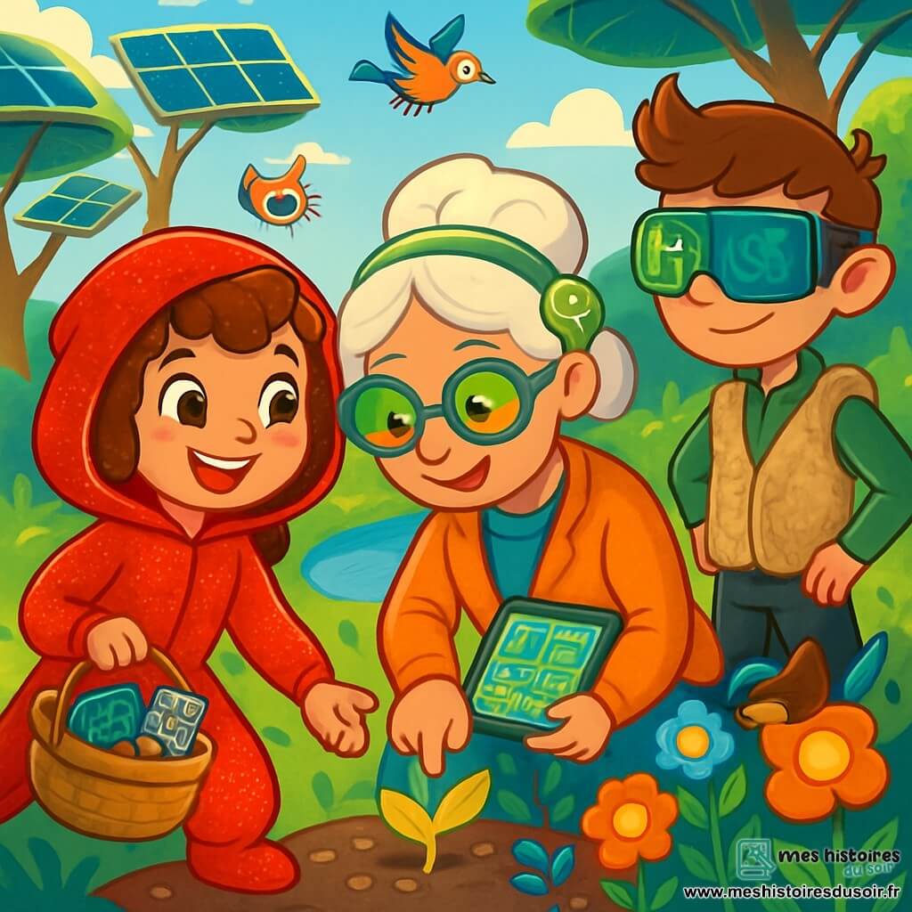 Le Petit Chaperon rouge, une fillette espiègle d'environ 8 ans, porte une combinaison rouge scintillante. Elle a des cheveux bouclés et des yeux curieux, souriant tout en tenant un panier rempli de pièces électroniques et de graines magiques. À ses côtés, Mamie, une femme âgée souriante, porte un serre-tête d’énergie renouvelable et des lunettes colorées, programmant un jardin futuriste entouré de fleurs lumineuses. Un peu plus loin, le Loup, un garçon d'environ 10 ans avec un gilet en fibres végétales et des lunettes de réalité augmentée, observe attentivement, prêt à aider. La scène se déroule au bord d'une rivière scintillante, entourée d'arbres géants aux feuilles en forme de panneaux solaires, avec des animaux robotiques et des oiseaux colorés. Chaperon rouge et Mamie plantent des graines magiques, tandis que le Loup surveille la qualité de l’air. L’atmosphère est joyeuse et vivante, avec des couleurs vives et des éléments futuristes, évoquant un monde où nature et technologie coexistent harmonieusement.