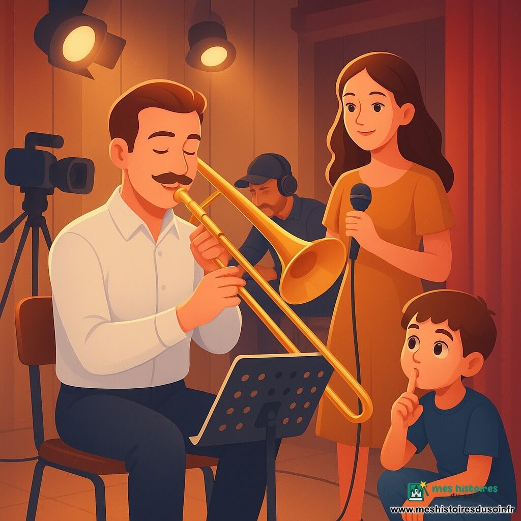 Sur un petit plateau TV intime, un tromboniste moustachu d'une trentaine d'années, chemise claire et pantalon sombre, assis et concentré, joue un trombone en laiton tandis qu'une chanteuse d'environ 28 ans en robe miel le regarde confiante, un garçon apprenti de 12 ans accroupi écoute en touchant ses lèvres, et un technicien d'une quarantaine d'années ajuste la régie; lumière dorée, caméras et projecteurs chauds, panneaux en bois et rideaux rouges, ambiance de répétition calme et concentrée, style graphique aux couleurs douces, dégradés lisses et textures subtiles.