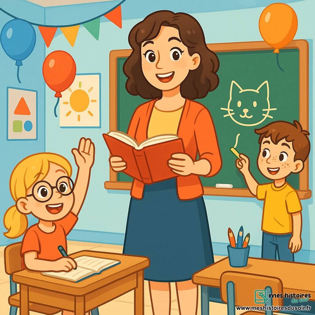 Madame Léa, une institutrice souriante d'une trentaine d'années avec des cheveux bruns ondulés et des yeux pétillants, se tient debout au milieu de sa classe décorée, tenant un livre ouvert. Émilie, une petite fille de 8 ans aux cheveux blonds et lunettes rondes, lève la main pour poser une question, tandis que Lucas, un garçon de 9 ans aux cheveux châtains, est prêt à dessiner au tableau. La classe lumineuse et accueillante, avec des murs bleu clair et des affiches éducatives, est animée par des ballons colorés au plafond. Madame Léa explique un nouveau sujet, ses élèves l'écoutent attentivement, curieux et excités d'apprendre.