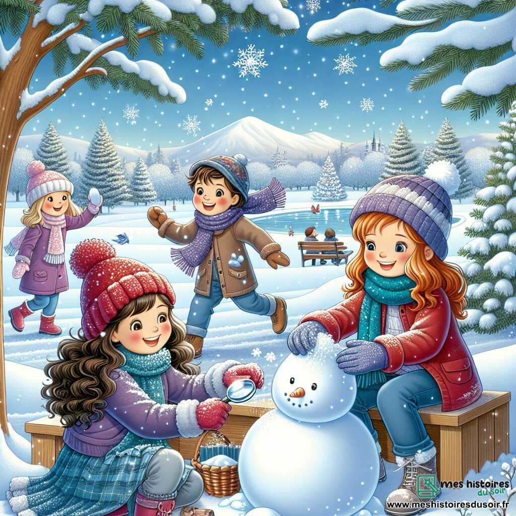 Quatre amies de douze ans, Clara, Léa, Emma et Zoé, s'amusent dans un parc hivernal. Clara, aux cheveux bruns et bouclés, porte un bonnet rouge et une écharpe bleue, tandis qu'elle roule une boule de neige. Léa, aux cheveux blonds et lisses, lance une boule de neige vers Emma, qui a des cheveux châtains et un manteau violet, riant aux éclats. Zoé, aux cheveux noirs et frisés, observe un flocon de neige avec une loupe, assise sur un banc en bois. Le parc est recouvert de neige immaculée, avec des sapins ornés de neige scintillante et un ciel bleu clair. Les filles sont en pleine bataille de boules de neige, leurs rires résonnant dans l'air frais, créant une scène d'amitié et de bonheur.