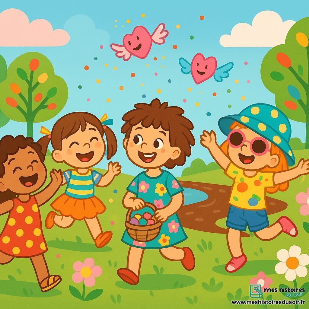 Il y a 4 enfants : Léa, 7 ans, avec des cheveux en broussailles, des yeux pétillants, une robe colorée et un panier de bonbons ; Chloé, 6 ans, avec des cheveux longs, un grand sourire, un t-shirt à rayures et une jupe en tulle ; Zoé, 7 ans, avec un chapeau à pois, des lunettes de soleil, un short en denim et un t-shirt à motifs de fruits, dansant joyeusement ; Mia, 6 ans, avec des cheveux bouclés, un rire contagieux, une robe à pois et des sandales, essayant d'attraper un bisou volant. Les enfants sont près d'une rivière en chocolat, entourée d'arbres aux feuilles en bonbons et de fleurs en guimauve, sous un ciel bleu avec des nuages en forme de barbe à papa. Ils courent et rient, poursuivant des bisous colorés, des créatures espiègles qui dansent autour d'eux, créant une ambiance festive et magique.