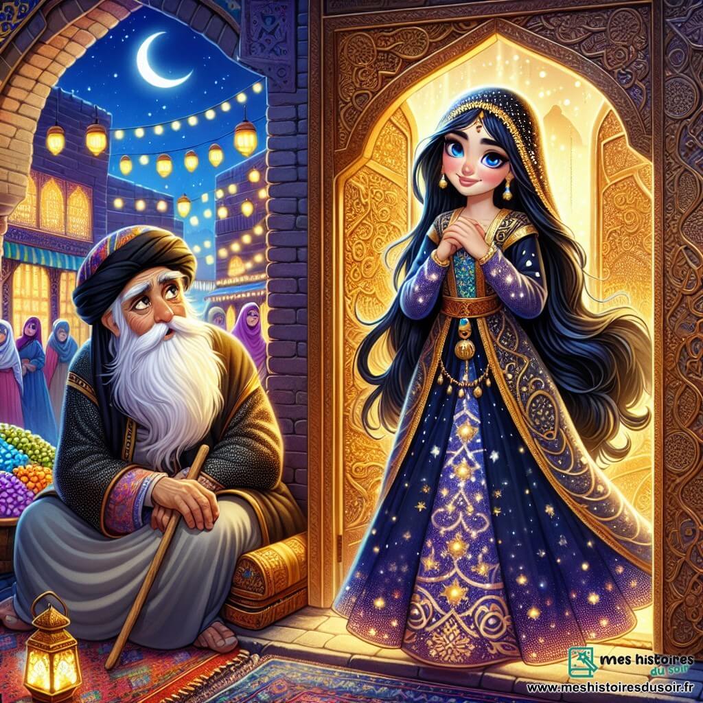 Une jeune femme, Shéhérazadeh, se tient devant une porte de cuivre ciselée, les yeux brillants d'émerveillement. Elle porte une robe bleu nuit ornée de motifs dorés, et ses longs cheveux noirs flottent dans la brise. À côté, un vieux mendiant de soixante-dix ans est assis sur un tapis usé, observant Shéhérazadeh avec un sourire mystérieux, tenant un bâton sculpté. Le marché est animé, baigné dans une lumière dorée, avec des étals colorés de fruits, d'épices et de tissus. Shéhérazadeh, le cœur battant, hésite devant la porte mystérieuse, prête à offrir ce qu'elle a de plus précieux pour entrer dans le Jardin des Lanternes Invisibles.