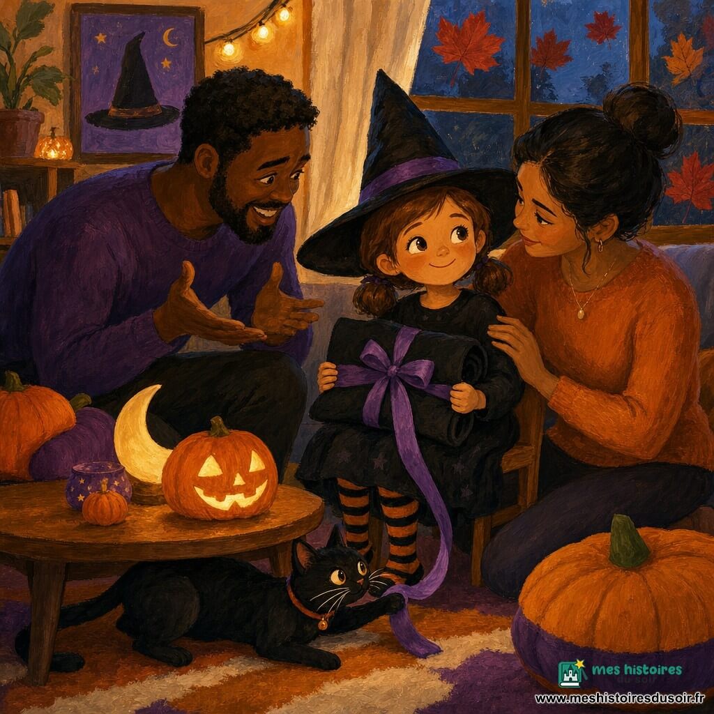 Fille de 6 ans joyeuse, cheveux châtains en couettes, chapeau de sorcière trop grand, chaussettes rayées orange et noir, assise près d’une table basse en montrant fièrement une cape noire pliée liée par un ruban violet ; père (35–40 ans) barbu, souriant et penché derrière la chaise, mains ouvertes en soutien ; mère (30–35 ans) cheveux en chignon, assise à côté, main rassurante sur l’épaule de la fillette ; petit chat noir au collier orange, moustaches blanches, touche le ruban sous la table ; salon d’automne éclairé par une lanterne-citrouille, coussins citrouille, lampe lune, murs chauds et fenêtre avec feuilles d’érable rouges collées au carreau ; ambiance intime et chaleureuse d’Halloween aux couleurs chaudes orange, violet et noir, lumière tamisée, textures peintes visibles.